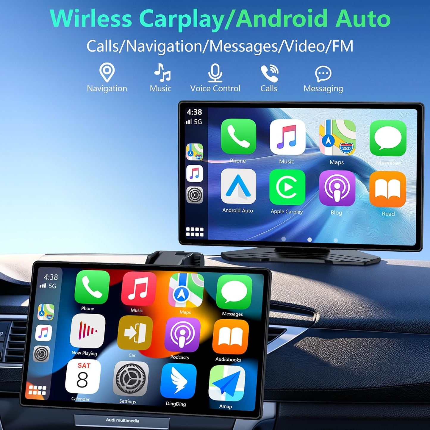 9" Carplay Screen for Car, Portable Wireless Car Play Screen for Apple CarPlay & Android Auto, OTA Updates, Backup Camera, Mirror Link, Voice Control, GPS Navigation, Bluetooth 5.0, FM/AUX