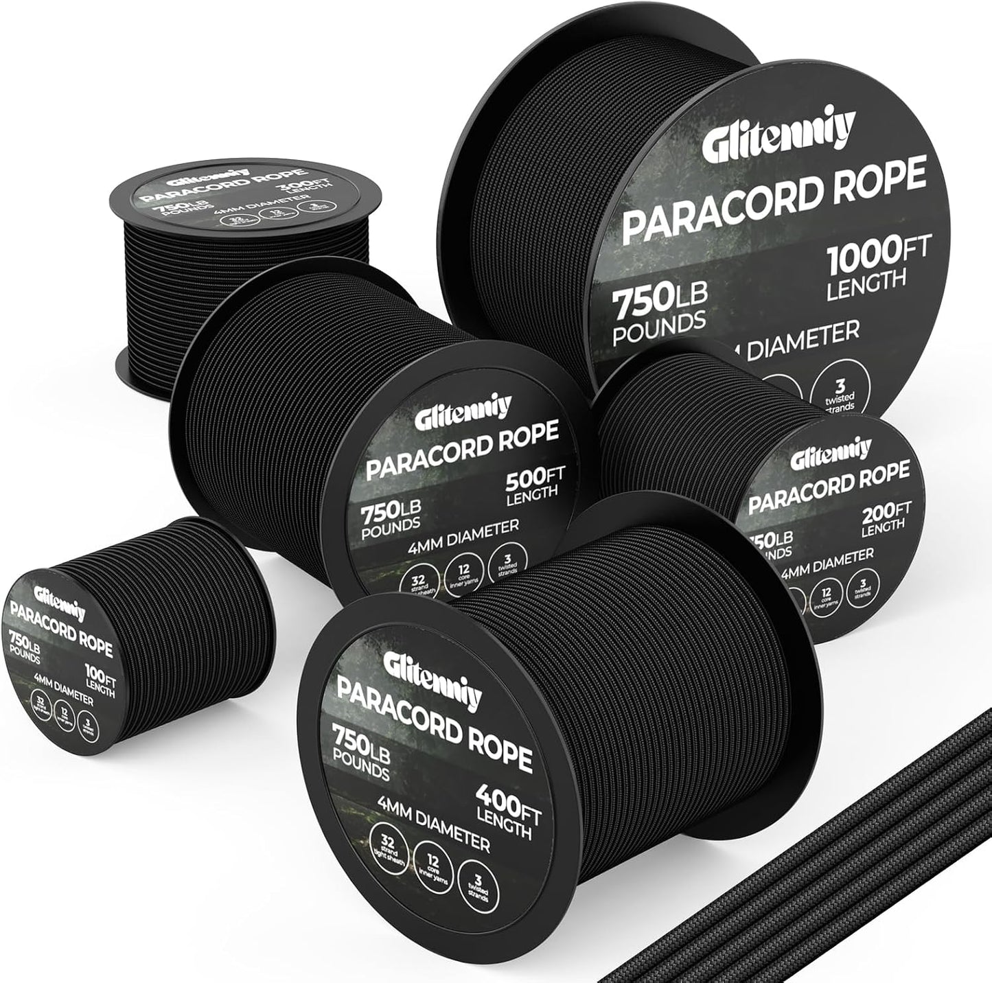 Paracord Rope 750lb Parachute Cord 4MM 12-Strand para Cord - Heavy Duty Spool String for Survival,Camping Gear, Survival Bracelet, Clothesline Clothes line Outdoors(Black, 400FT)