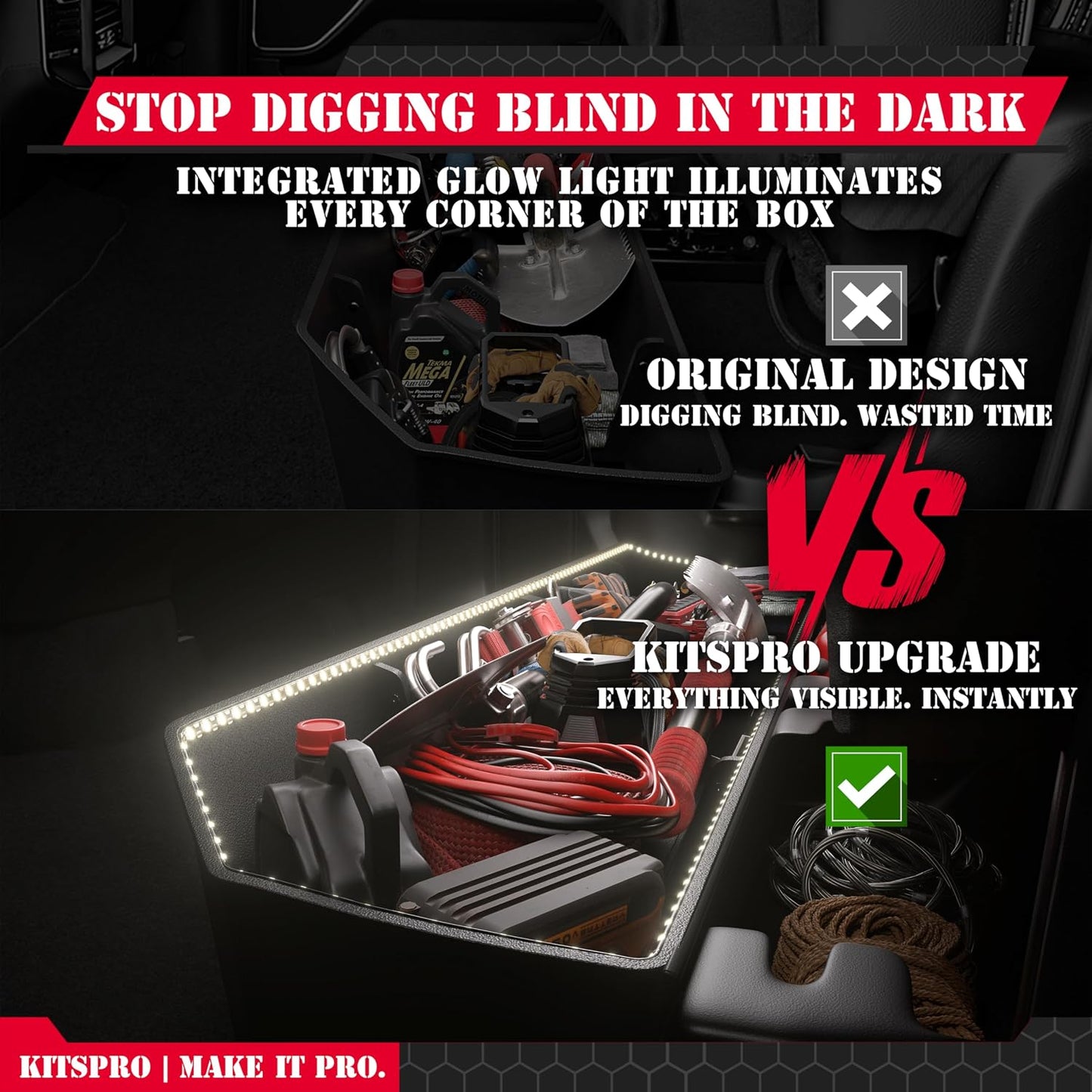 KitsPro 18-Gallon Lighted Underseat Storage for 2015-2026 Ford F-150 SuperCrew & 2017-2026 F-250/F-350 Super Duty – 3D Laser Scanned Modular ABS Box with Integrated Light Strip, Waterproof