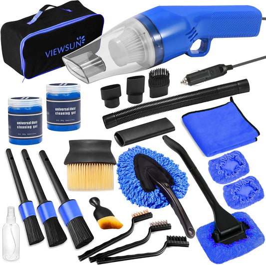 18PCS Car Cleaning Kit, Car Interior Detailing Kit with Blue High Power Handheld Vacuum, Detailing Brush Set, Windshield Cleaner, Cleaning Gel, Complete Auto Accessories for Men, Women