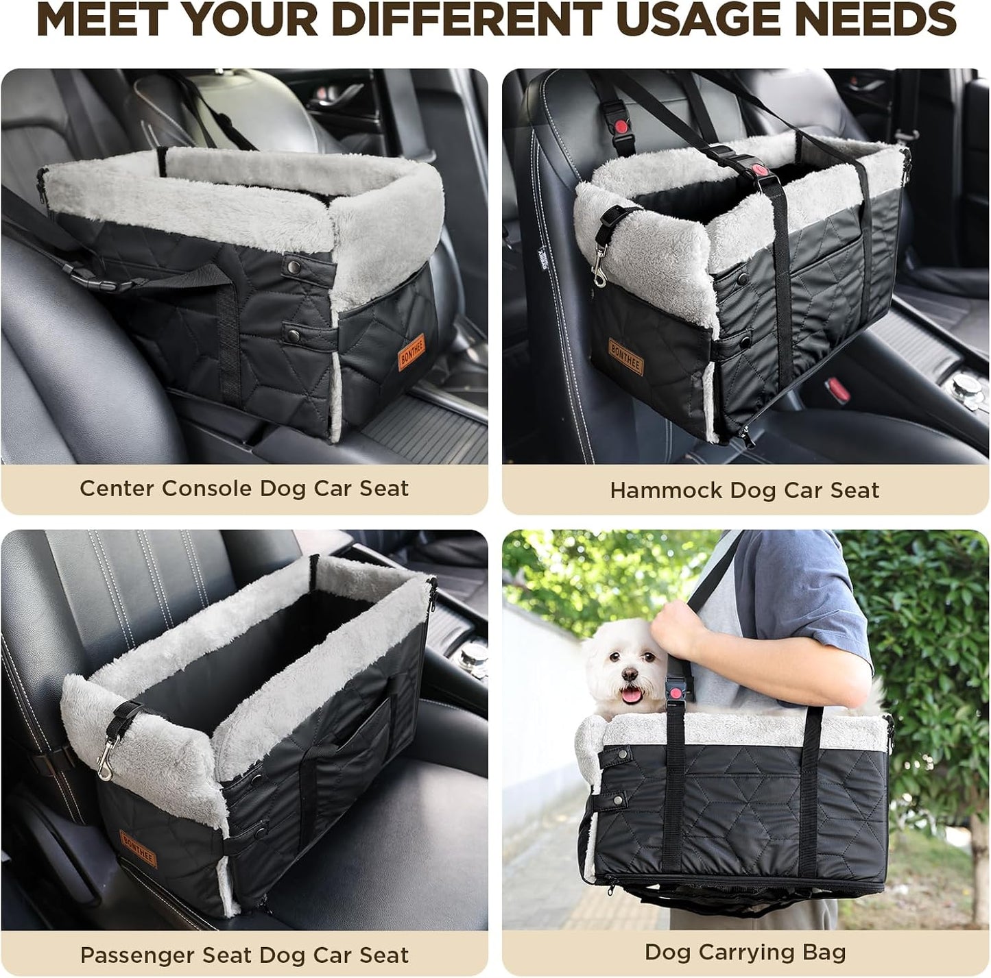 Center Console Dog Car Seat for Small Dogs,PU Leather Small Dog Car Booster Seat,Washable Foldable with Safe Protection Hooks Adjustable Straps and Storage Pocket Pet Up to 15lbs-Black