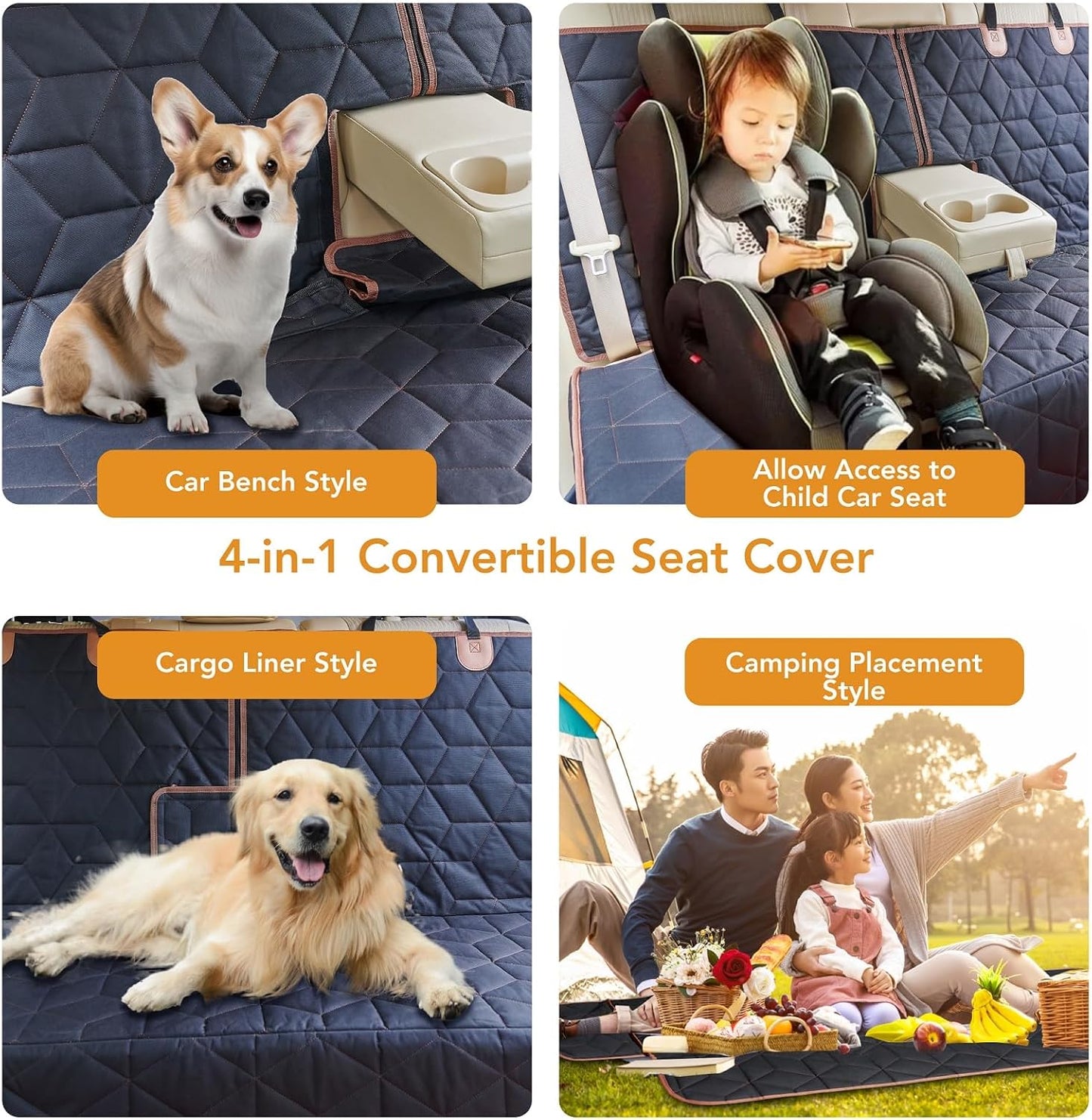 Petiza Dog Car Seat Cover for Back Seat, Heavy-Duty Non-Slip Waterproof Car Bench Protector for Pets,Compatible with Middle Armrests ，Dog Seat Cover Universal for Cars Trucks and SUVs
