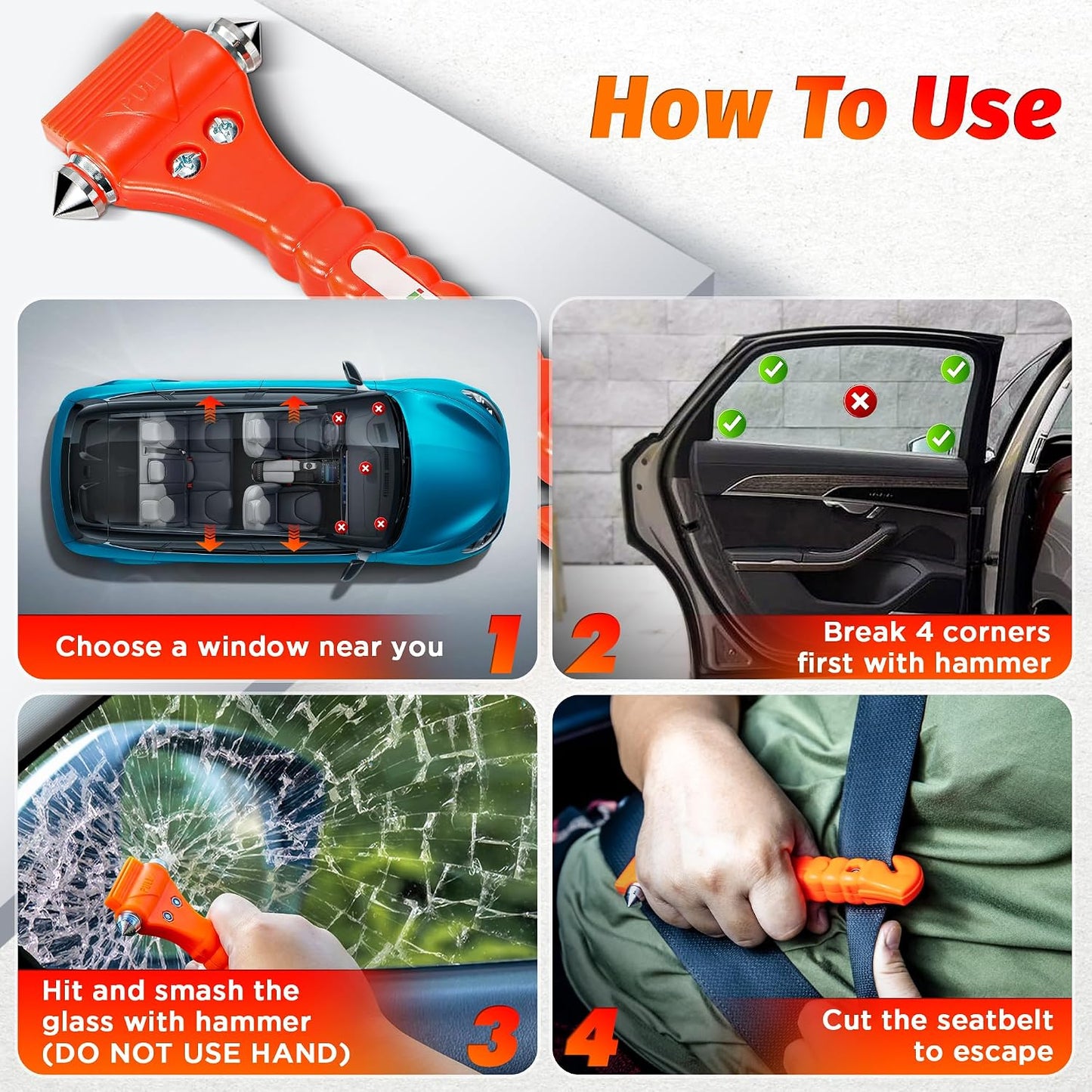 IPOW 4 Pack Car Window Breaker Seatbelt Cutter, Heavy Carbon Steel Glass Breaker Car Safety Hammer Emergency Escape Tool, Auto Rescue Life Saving Survival Kit for Car, Office, Home