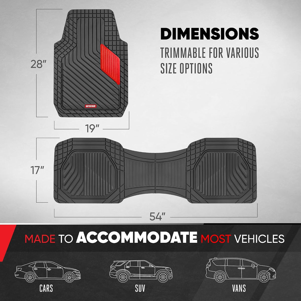 Motor Trend MetallicGuard Car Floor Mats Full Set - Durable Rubber Floor Mats with Red Metallic Heel Pad, All-Weather Interior Protection for Front and Rear with Non-Slip Backing