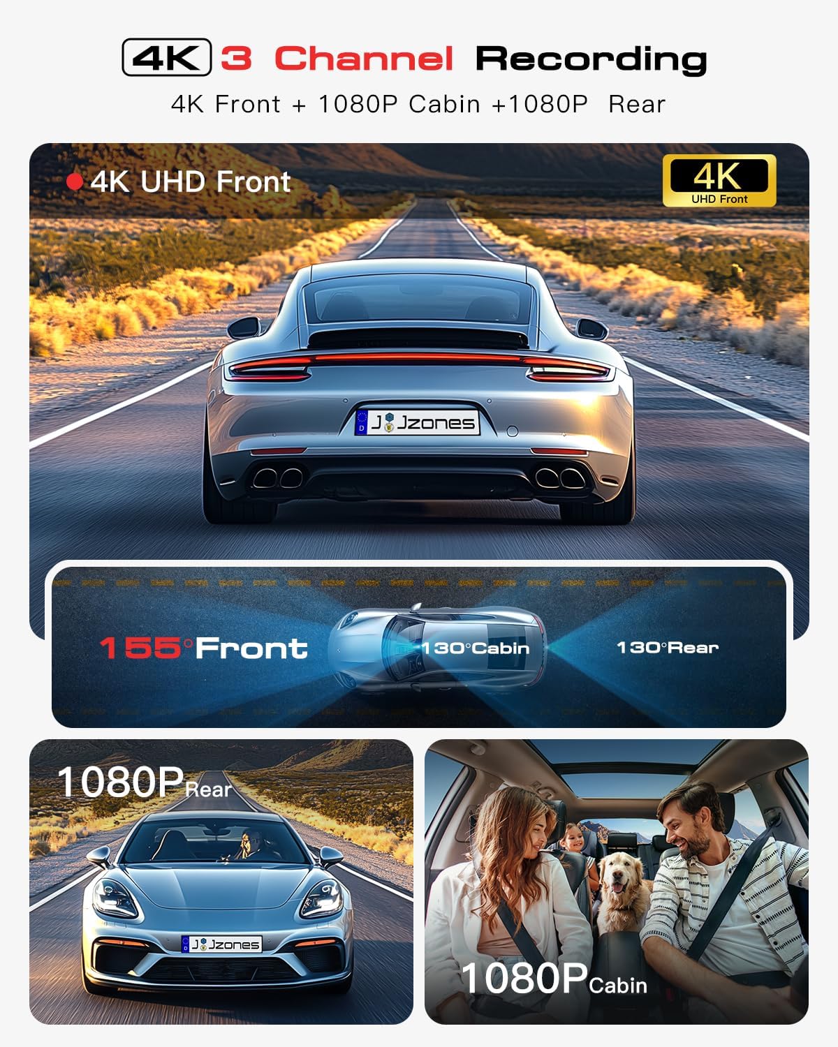 Jzones 4K 3-Channel Dash Cam Front and Rear with Cabin, STARVIS 2 Sensor, Dash Camera for Cars with WiFi 6, G-Sensor, Loop Recording, Night Vision, 24H Parking Mode, 64GB Card Included