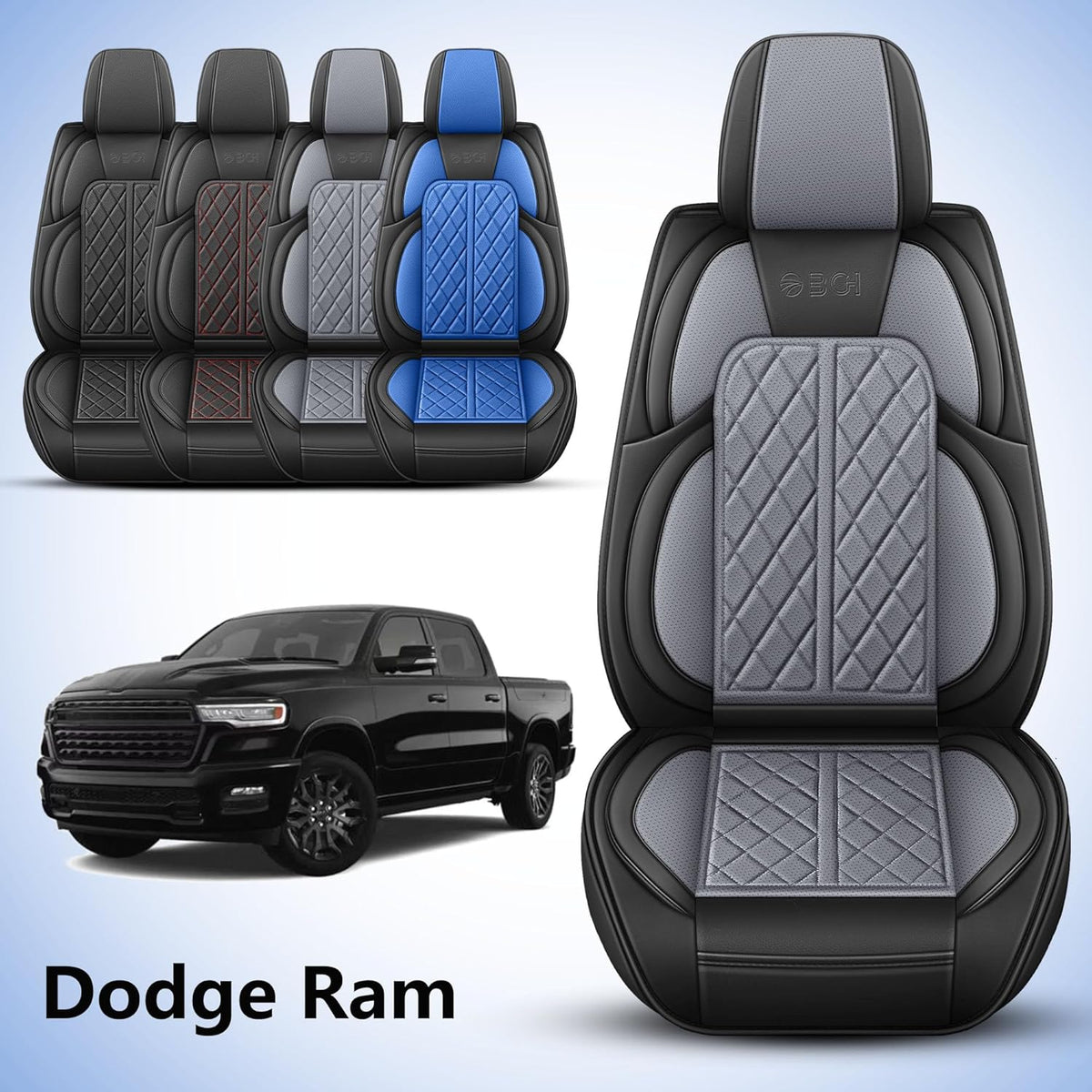 Car Seat Cover Custom Fit for Dodge Ram 1500 2500 3500 2002-2026 Faux Leather Seat Cover Set Compatible with Crew Quad Regular Cab Pickup Truck Cushions (Black & Grey, Full Set, Curved Rear)