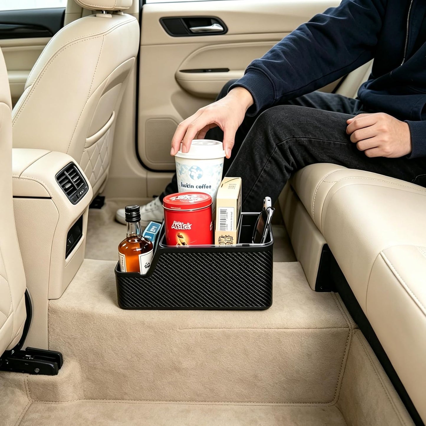 Car Front Seat Organizer with Compartment,Center Console Organizer,Car Armrest Storage Box,Back Seat Cup Holder Tray,Between Seat Small Caddy with Phone Holder for Truck,SUV,Van (Black)