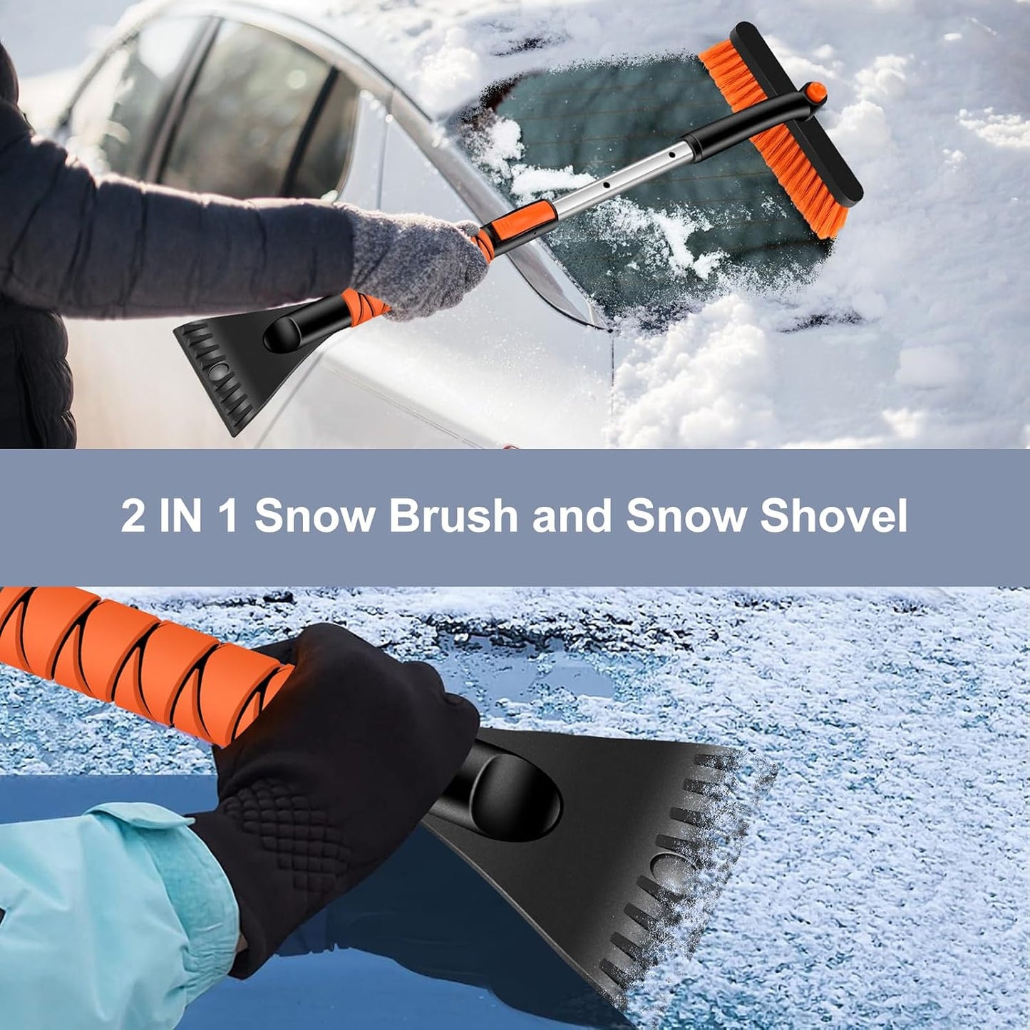 Odoland 33" Extendable Snow Brush with Detachable Ice Scraper for Car Windshield with Foam Grip and 360° Pivoting Brush Head for Christmas Car Auto Truck SUV, Orange
