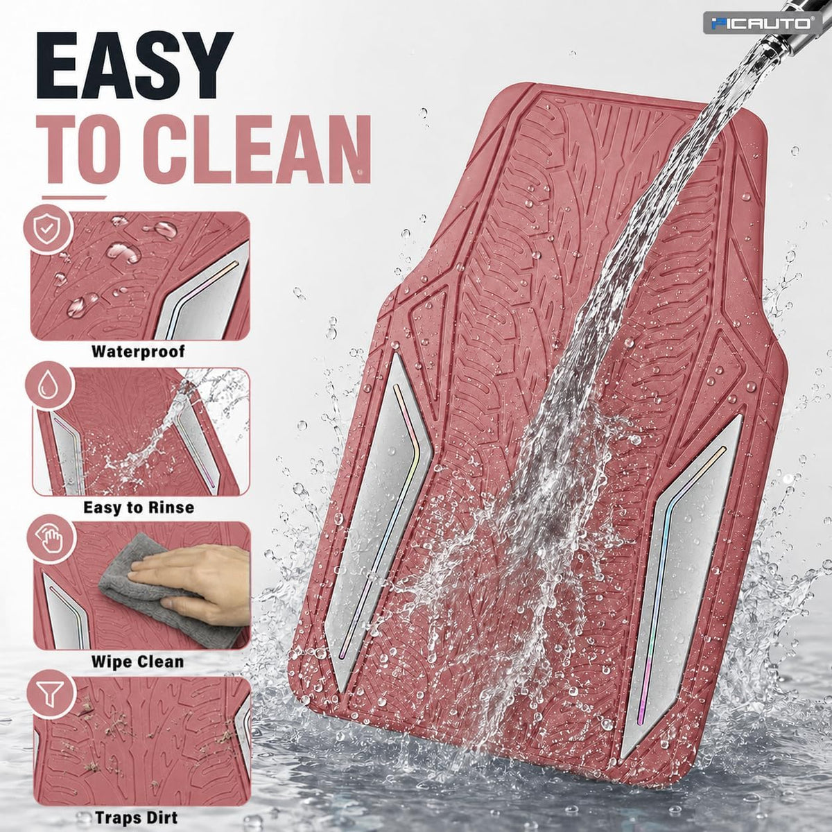 PIC AUTO Pink Rubber Floor Mats, Silver Aluminum Film with Colorful Piping Floor Mats for Cars, Car Mats with Non-Slip Backing, All-Weather, Trim-to-Fit Liner for Cars, SUVs, Trucks, Vehicles