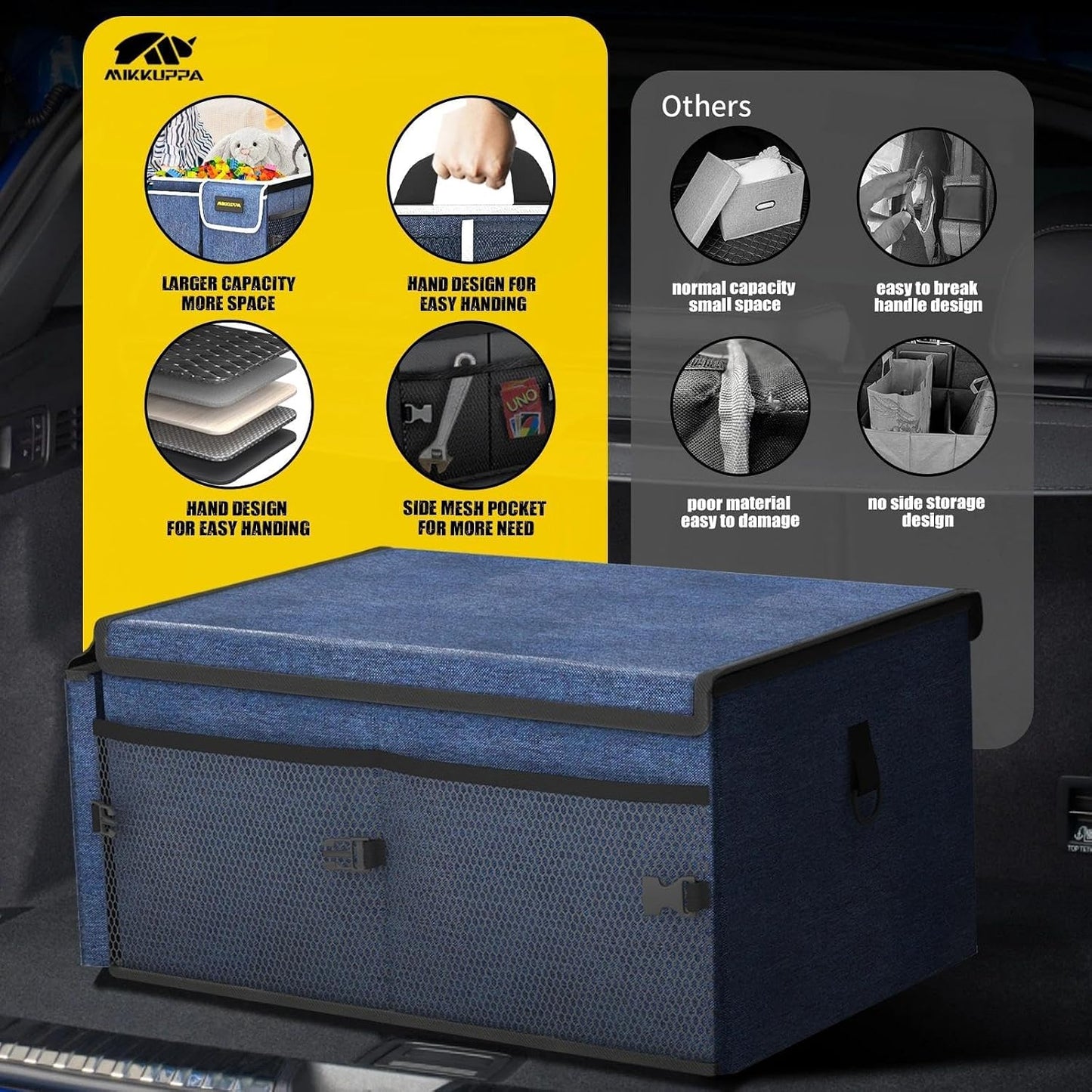 MIKKUPPA Car Trunk Organizer - 65L Collapsible Trunk Organizer with Lid, Sturdy Car Storage for SUV Auto Truck Van with Adjustable Straps and Non Slip Bottom (Blue)