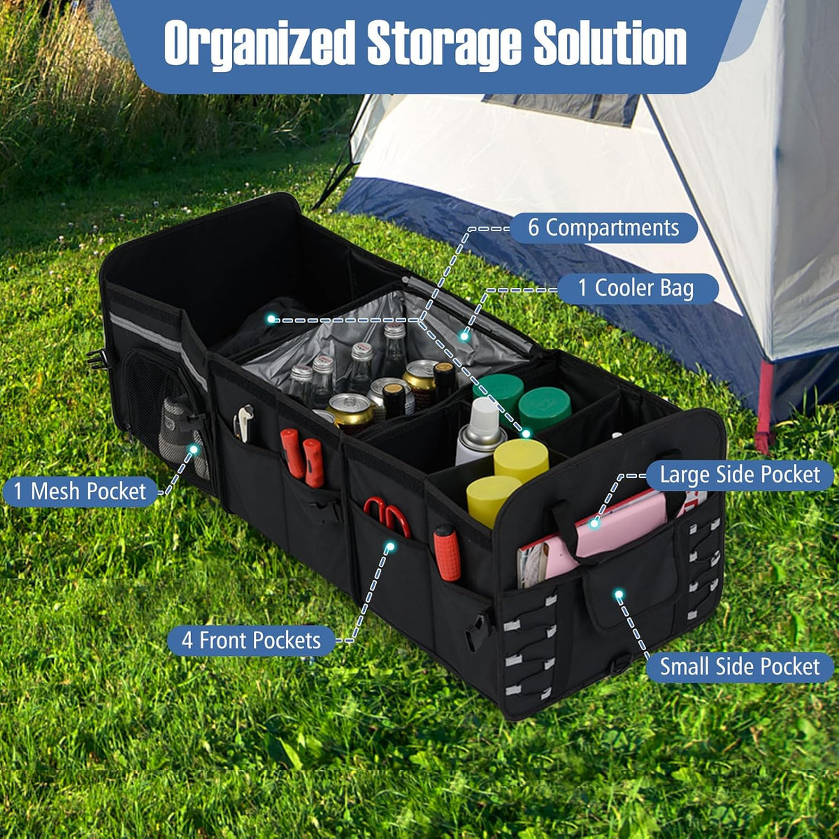 Goplus Collapsible Trunk Organizer with Cooler, 18 Gallon (68L) Foldable Car Storage Organizer with 6 Extenable Compartments, Removable Lid, Securing Straps, for SUV Van Sedan, 35.5" x 14" x 12"