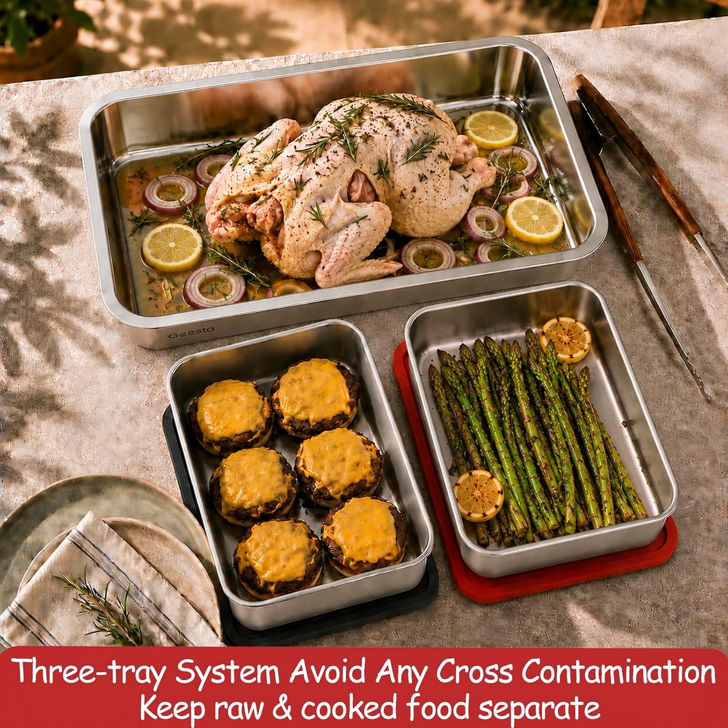 Geesta 5-in-1 Grilling Prep & Serve Tays, Grill Carry System, Stainless Steel BBQ Serving Platter, Marinating Container with Lid & Cutting Board, Outdoor Cooking Grill Accessories, Grilling Gift