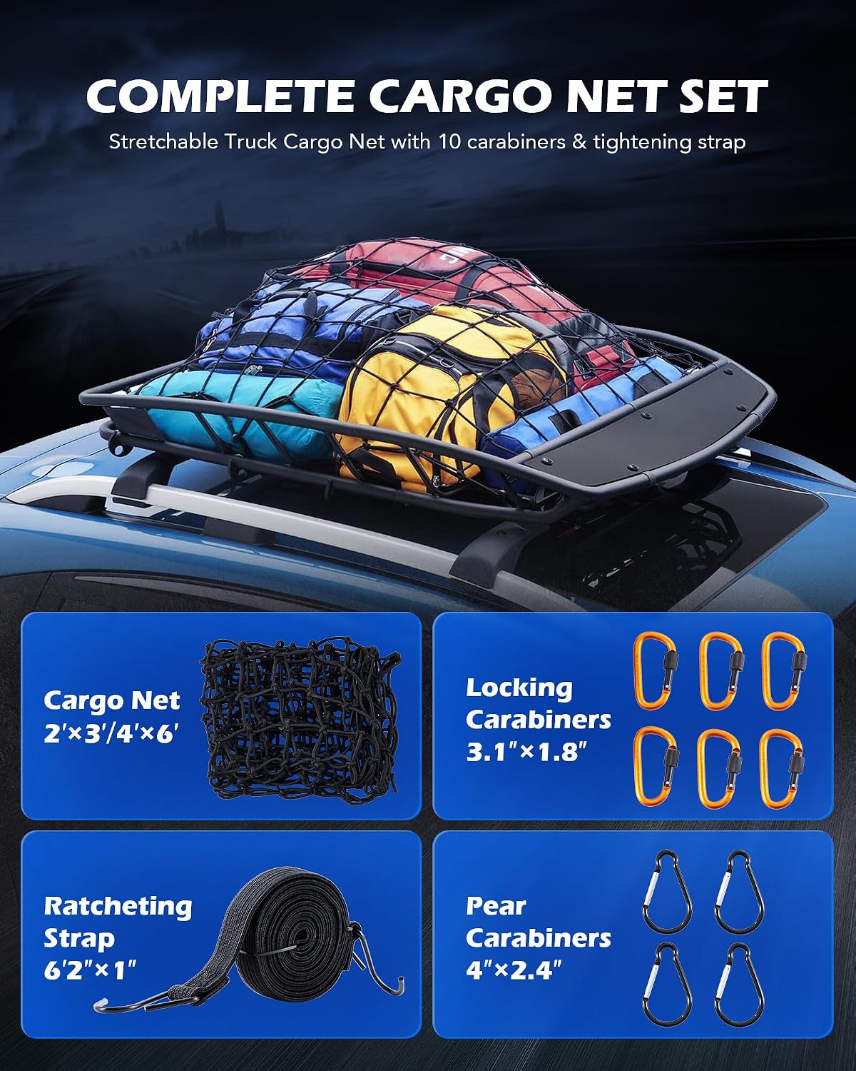 OMT 2x3ft Flat Webbing Cargo Net for Roof Rack & SUV Basket, 2x2in Mesh