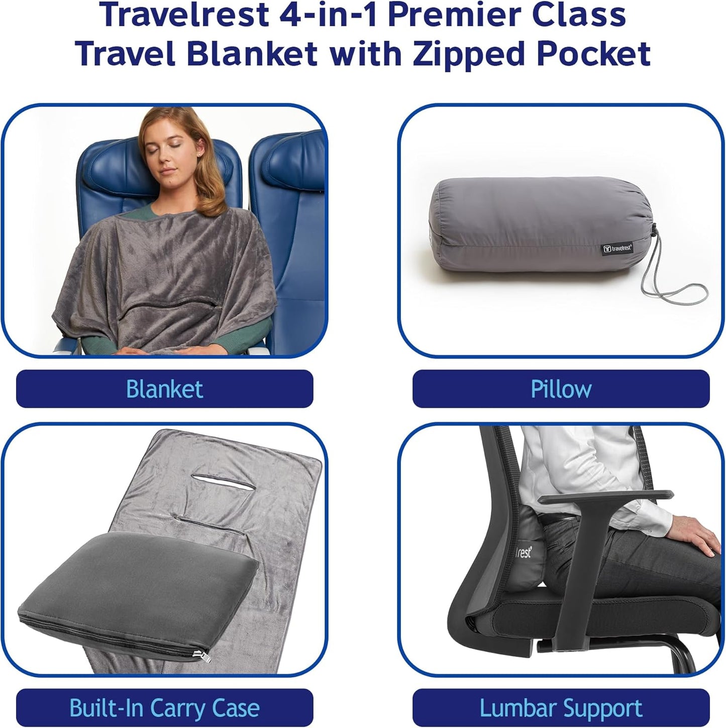 travelrest 4-in-1 Travel Blanket – Wearable Blanket, Pillow & Body Wrap, Lightweight, Compact & Cozy with Carry Case, Travel Friendly, Comfort, Ideal for Airplanes, Long Flights, Road Trips - Gray