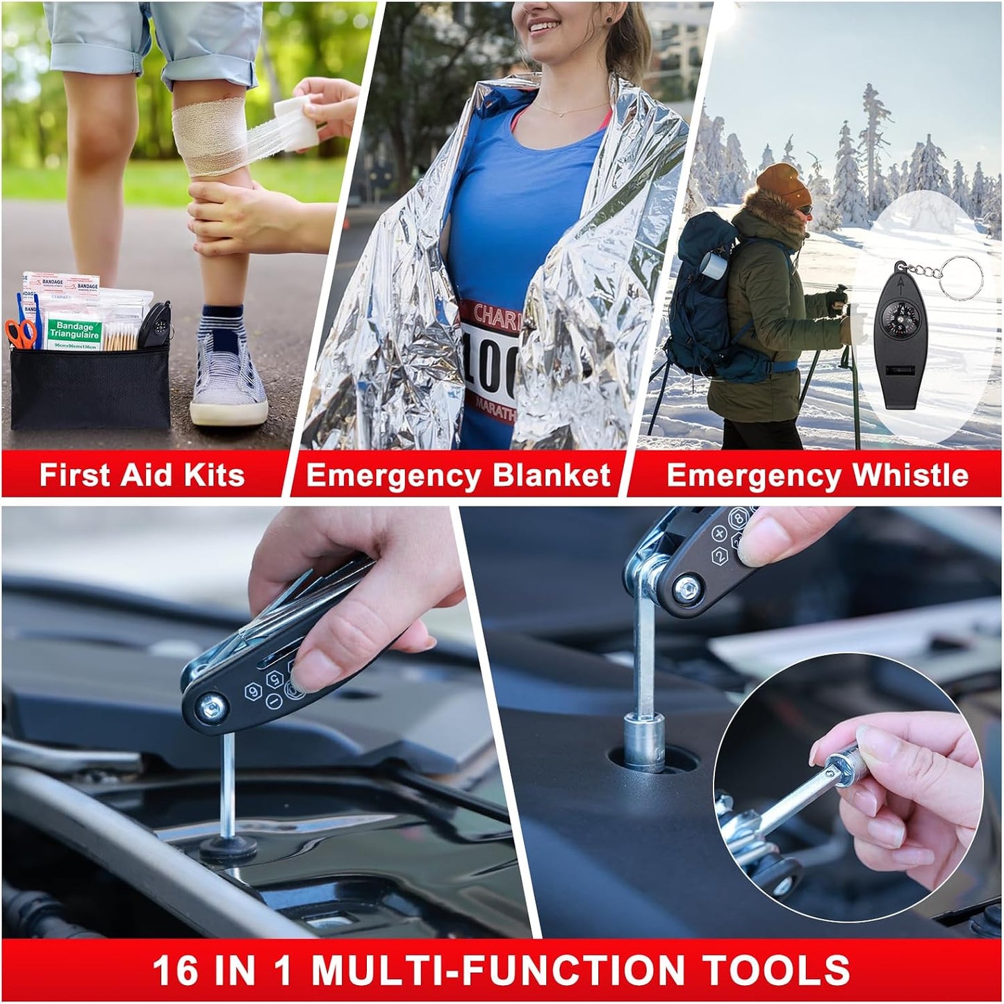 Car Roadside Emergency Kit - Car Emergency Kit with Jumper Cables, Tow Rope, Folding Shovel, Safety Hammer, Reflective Warning Triangle, Car Safety Kits for Men, Women, Teenagers