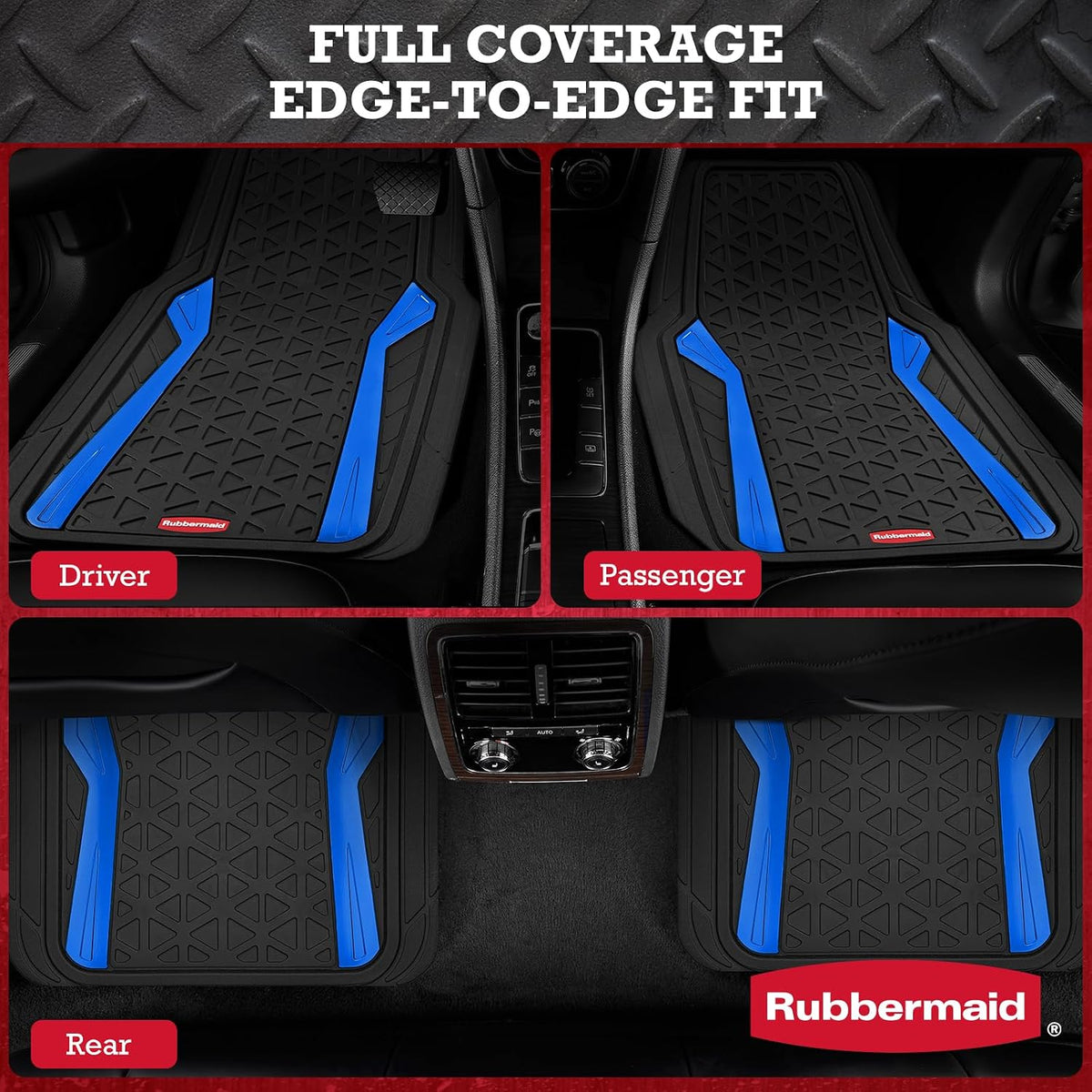 Rubbermaid Car Floor Mats Full Set, Premium Heavy Duty All-Weather Car Mats– Rugged Rubber with Brushed Aluminum Inserts, Universal Trim-to-Fit, Anti-Slip Backing for Cars, SUVs, Trucks & Vans - Blue