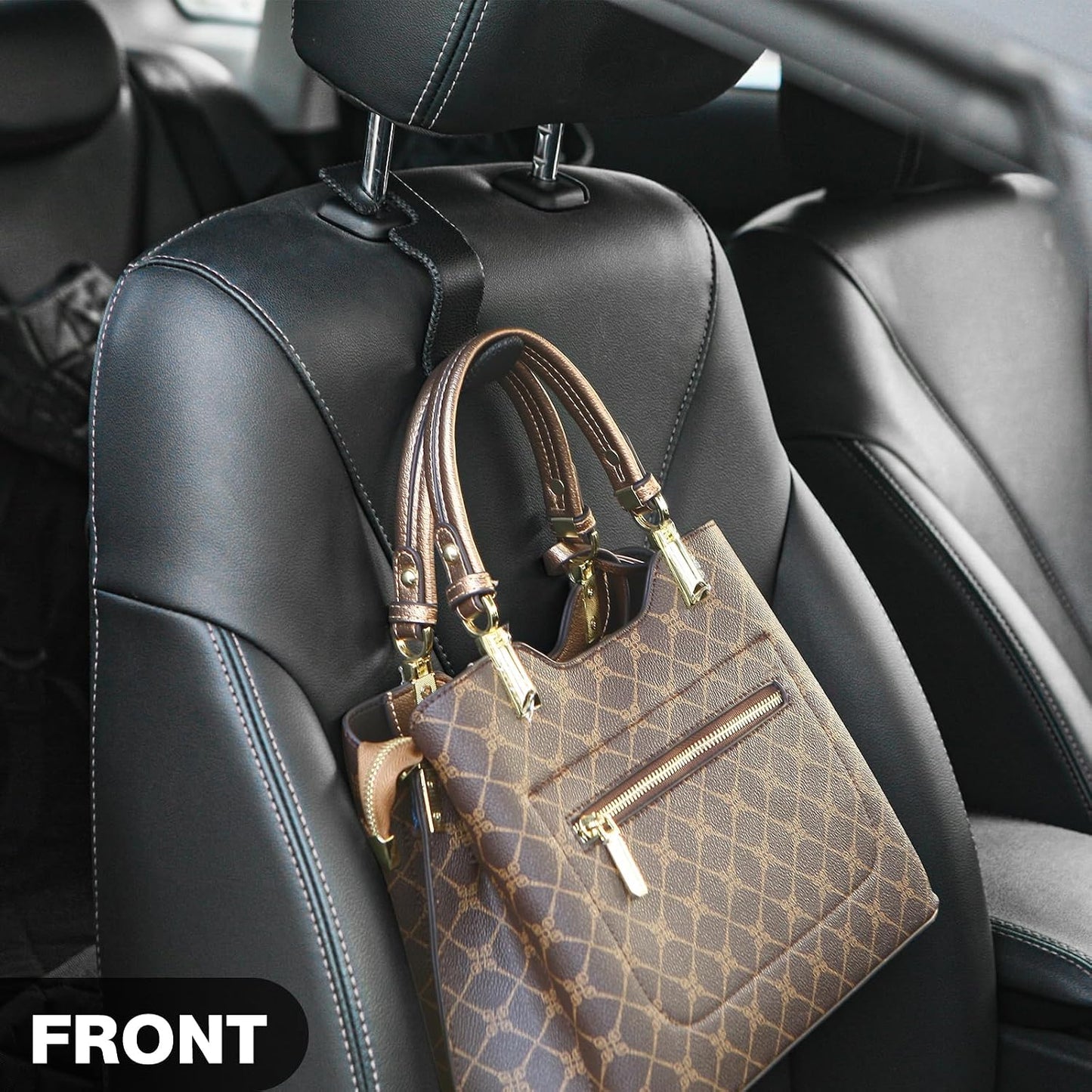 AMVOYOA Leather-Wrapped Car Headrest Hooks & Seat Back Organizer - 2 Pack U-Shaped Car Purse Holder for Bags, Coats, Handcrafted Stitching, Flexible Car Accessories for Women (Gray)