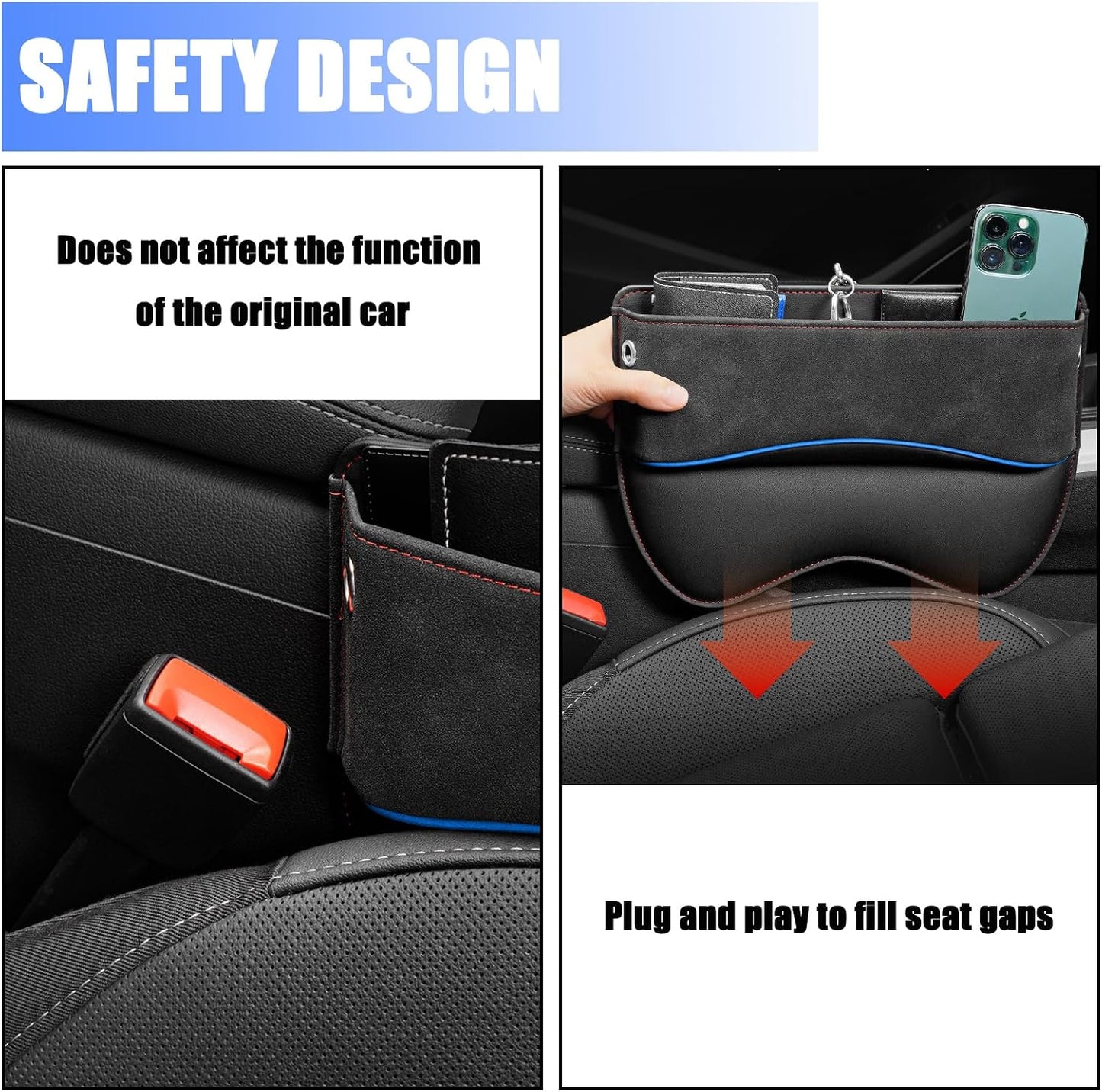 Pack-1 Car Seat Gap Filler, Leather Car Seat Storage Box, Universal Car Seat Organizer, Adjustable Car Utility Bag, Car Accessories for Phone, Cards, Keys, Coins, Receipts (Black)