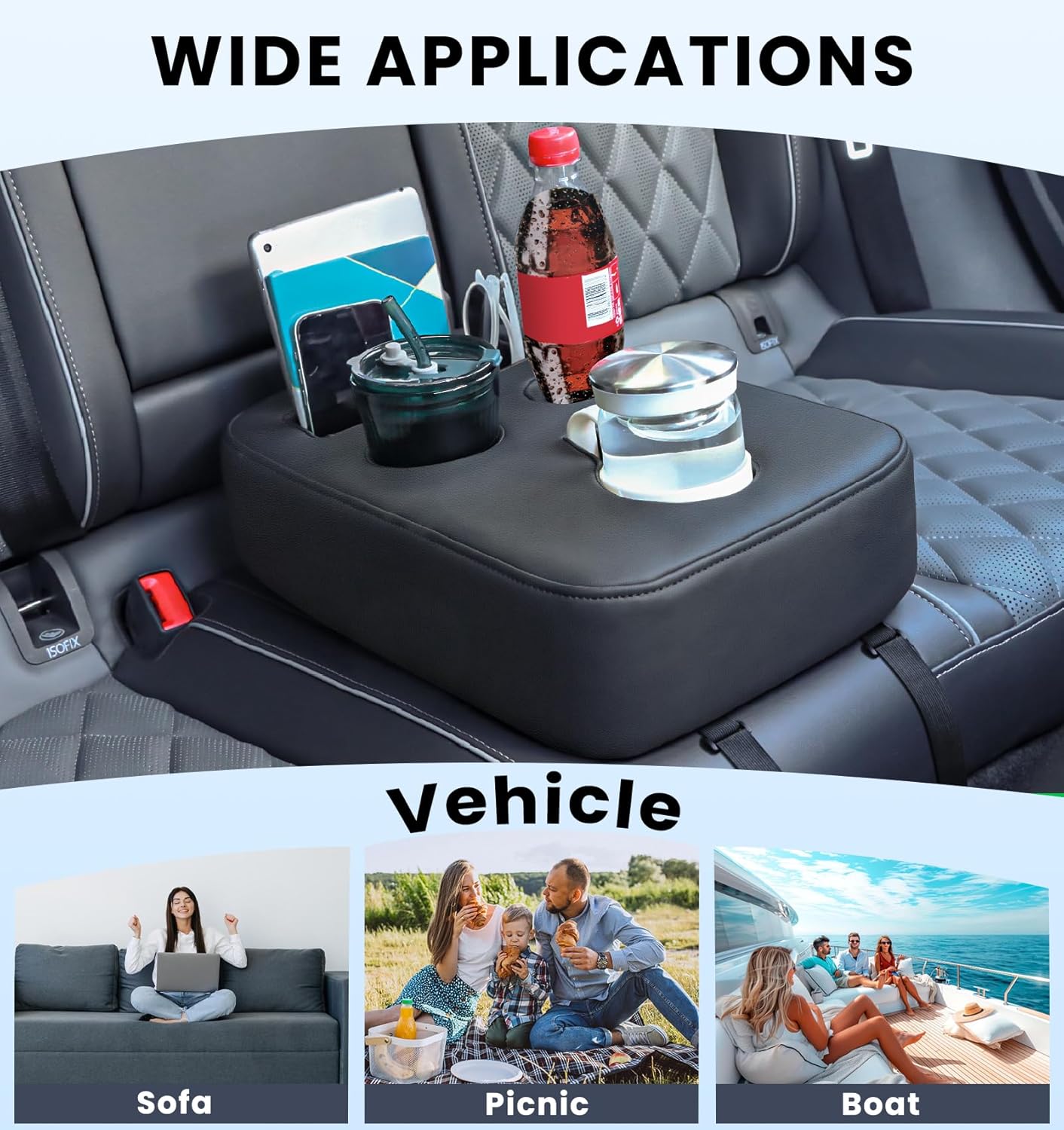 Upgraded Car Cup Holder with Dual Secure Straps, Back Seat Cup Holder for Car, PU Leather Truck Cup Holder, Boat Tray Organizer for Trucks, Minivans, SUVs, RVs, Holds Coffee, Snacks, Cell Phone
