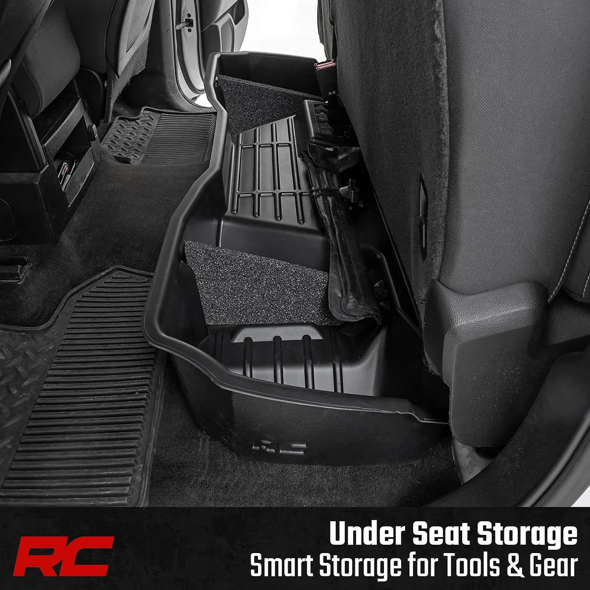 Rough Country Under Seat Storage Box for Chevy Silverado & GMC Sierra 1500/2500HD/3500HD Double Cab (2007–2019) - Custom-Fit Underseat Organizer Tray