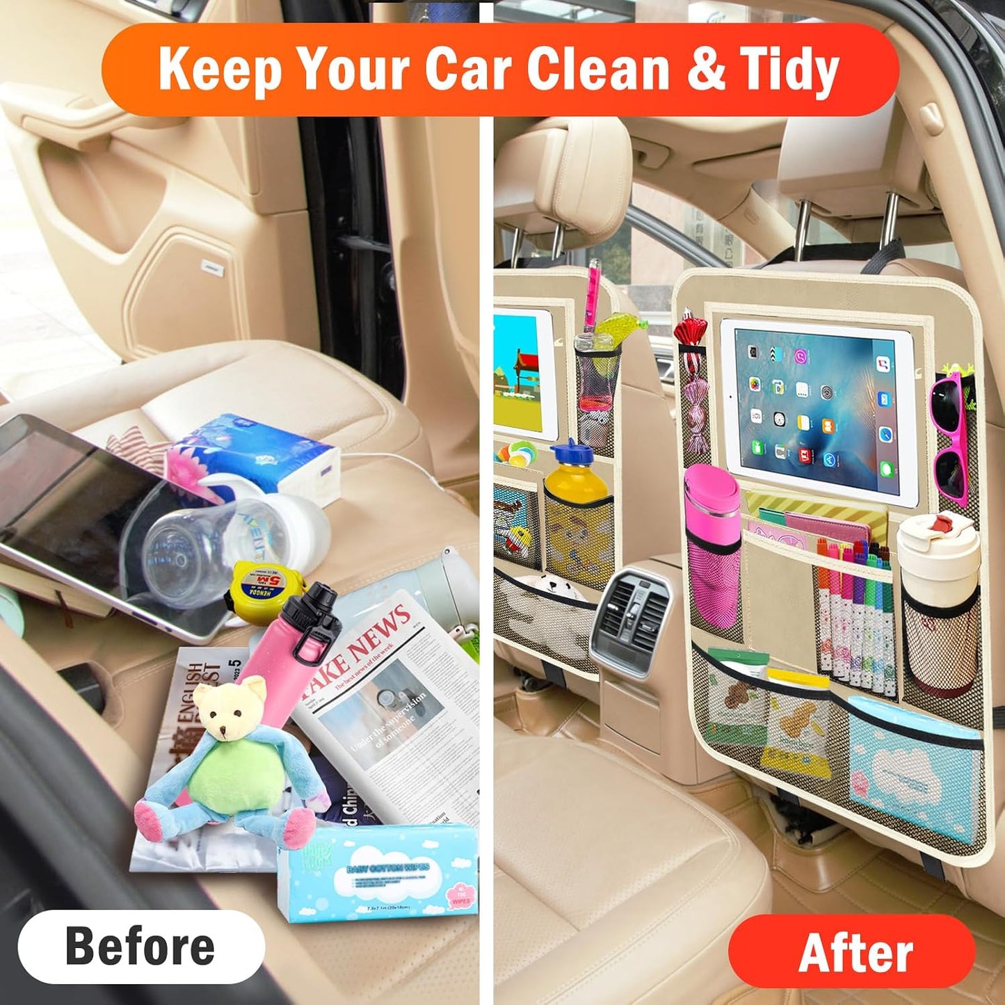 Car Backseat Organizer ，2 Pack Car Organizer Back Seat with 11" Tablet Holder, 10 Storage Pockets Seat Back Protectors Kick Mats for Kids Toddlers, Travel Accessories (Beige)