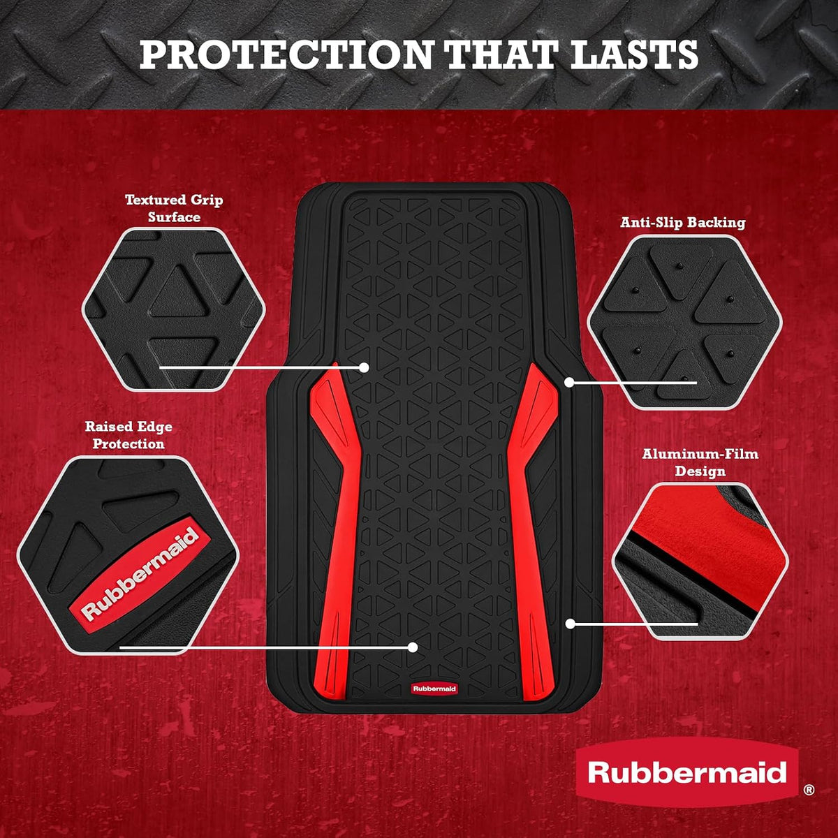 Rubbermaid Car Floor Mats Full Set,Premium Heavy Duty All-Weather Car Mats– Rugged Rubber with Brushed Aluminum Inserts, Universal Trim-to-Fit, Anti-Slip Backing for Cars, SUVs, Trucks & Vans - Red