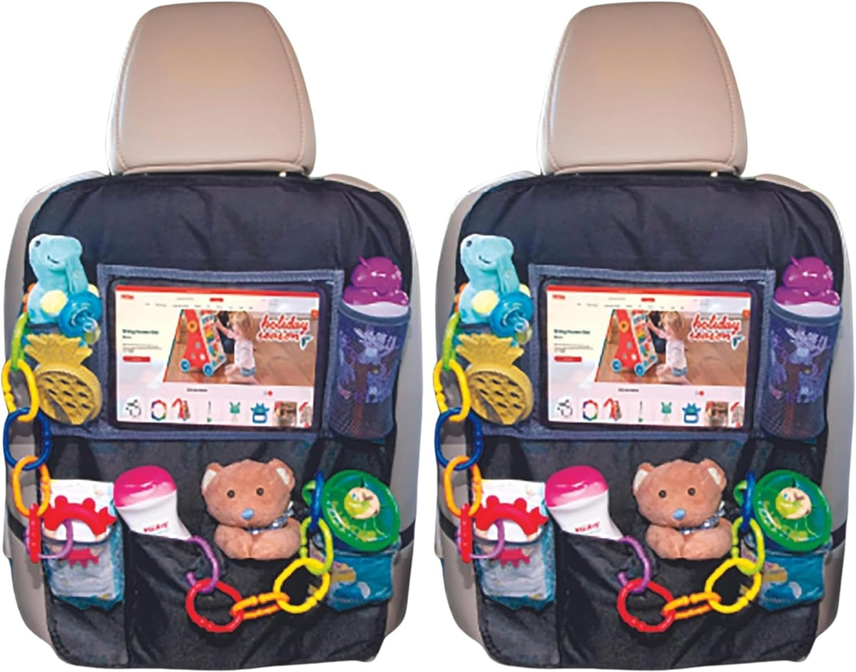 Nuby Backseat Car Organizer Set: Organizer with Tablet Holder, Storage Pockets and 5 Linkable Hooks for Attaching Accessories | Easy to Clean Black (Pack of 2)