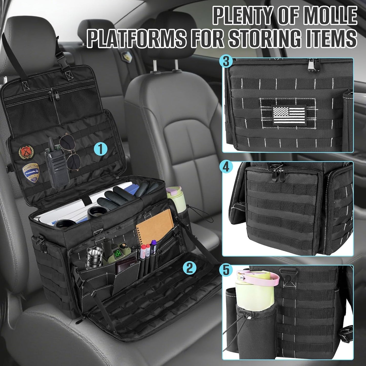 LIWSHWZ Patrol Bag Law Enforcement,Police Gear Bag for Car Front Seat Organizer with 15.6” Laptop Layer and Cup Holders,Multiple Compartments Police Duty Bags Fit Vehicle Passenger Seat