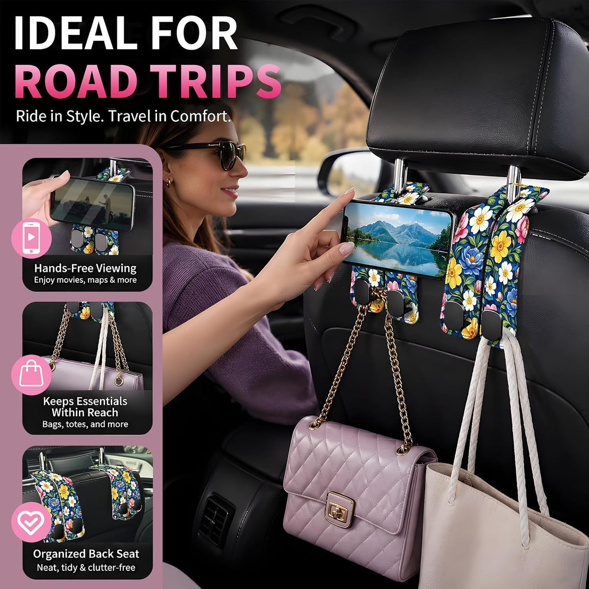 Car Seat Back Storage Hook, Funny Car Purse Hook, Cute Vehicle Storage Organizer for Purses Handbags Bright Floral Pattern