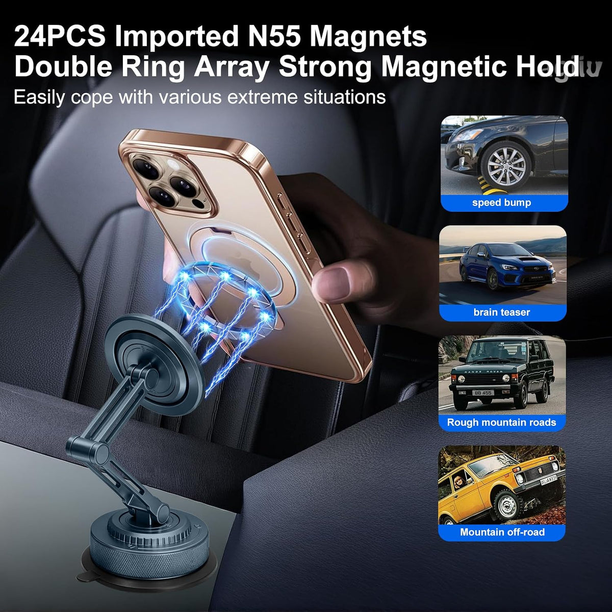 PIEPIE All-Metal Alloy Long Arm Magnetic Suction Cup Car Phone Mount Holder