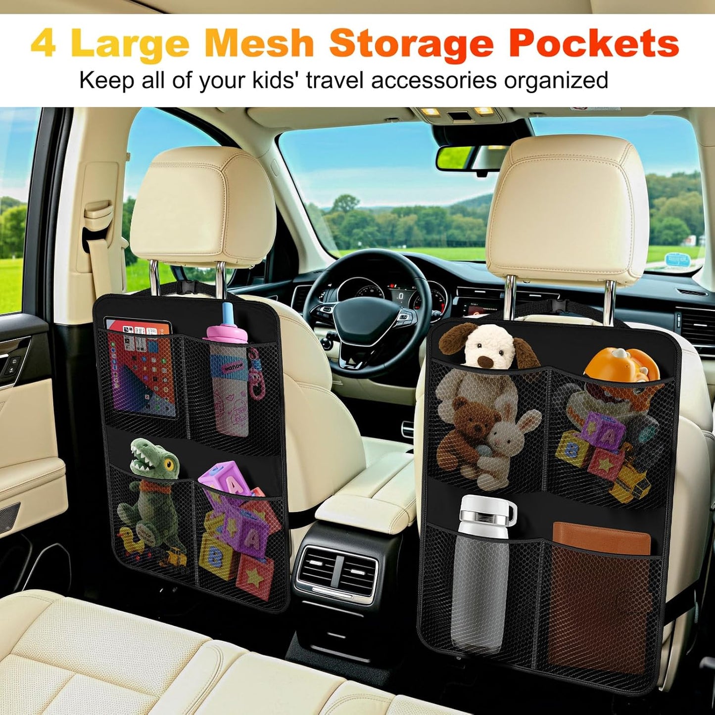 2 Pack Back Seat Cover For Kids + 4 Pocket Storage Organizer,Car Kick Mats Backseat Protector, Car Seat Back Protectors Backseat Organizer For Vehicles