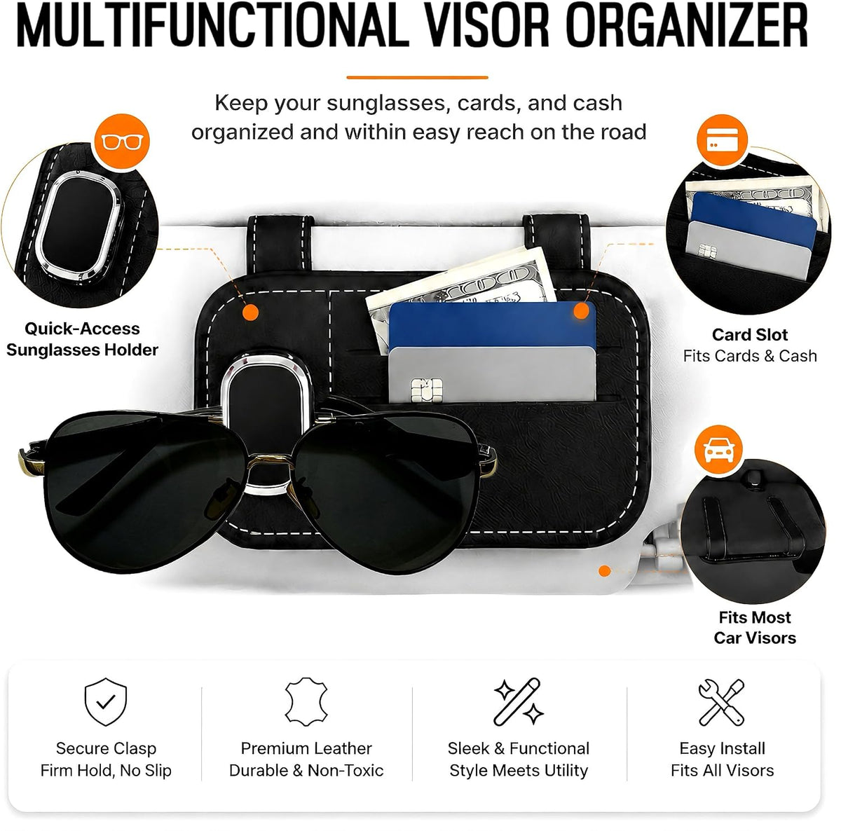 Sunglasses Holder For Car,Black PU Leather Glasses Clip For Sun Visor