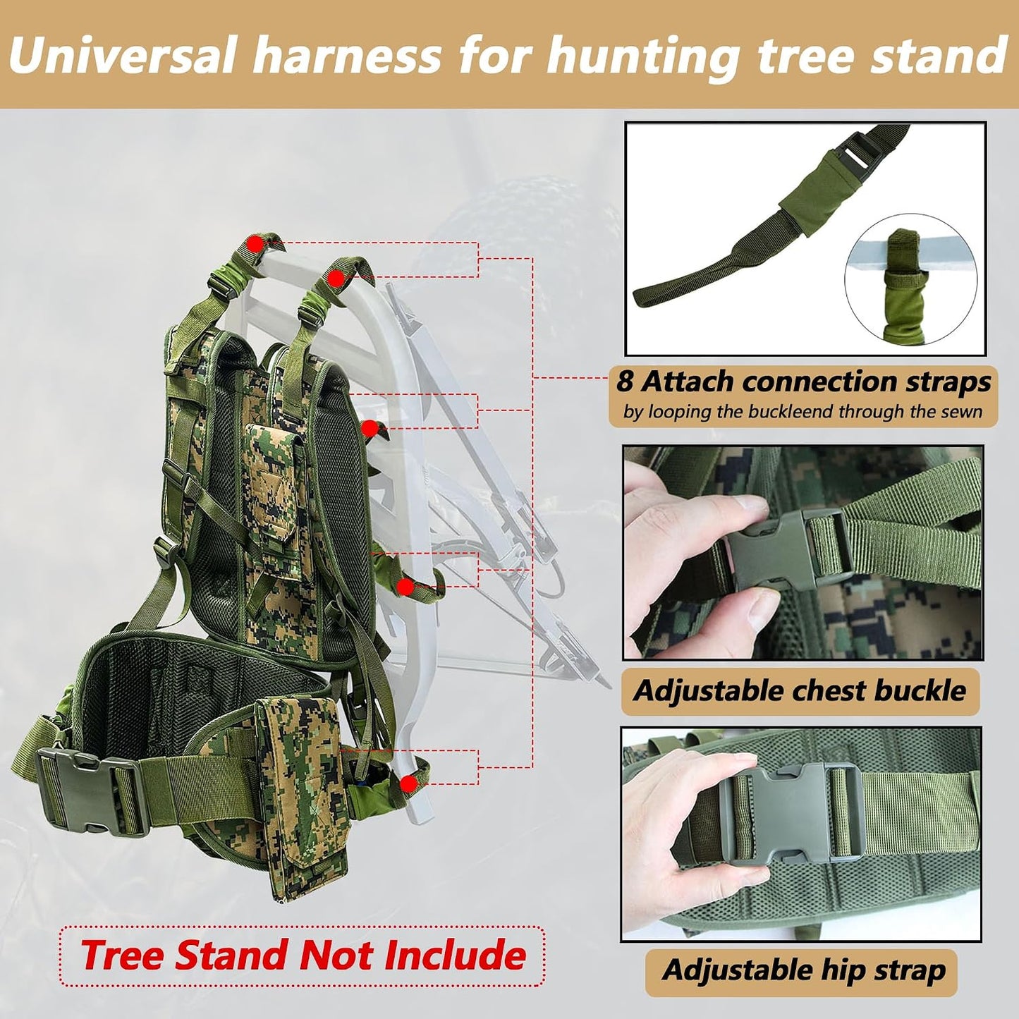 Tree Stand Harness- Ergonomic Camouflage Hunter Safety Harness- Tree Stand Backpack Carry Straps- Universal Tree Stand Transport System for Most Tree Stands (Tree Stand Not Included)