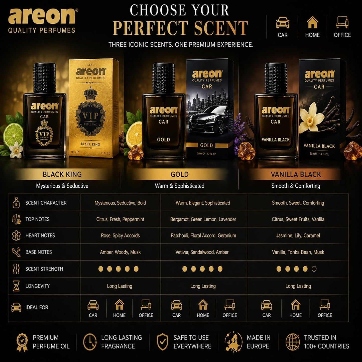 AREON Car Perfume Gold - Air Freshener in Glass Bottle - Luxury Odor Eliminator Spray with Absorber Hanging Pad - Unique Fragrance & Long-Lasting Aroma for Vehicle, Office, Home - Made in Europe, 50ml