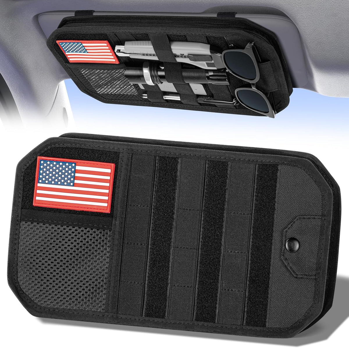 Car Sun Visor Organizer, Multi-Pocket Tactical Visor Storage with Zipper