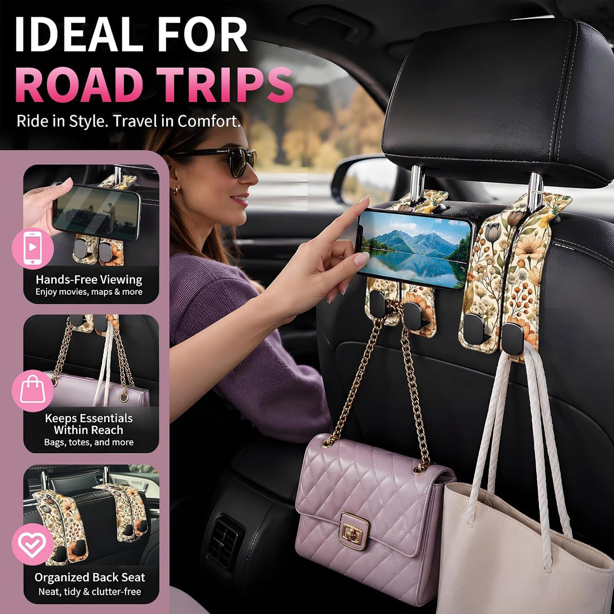 Car Seat Back Storage Hook, Funny Car Purse Hook, Cute Vehicle Storage Organizer for Purses Handbags Boho Floral Pattern