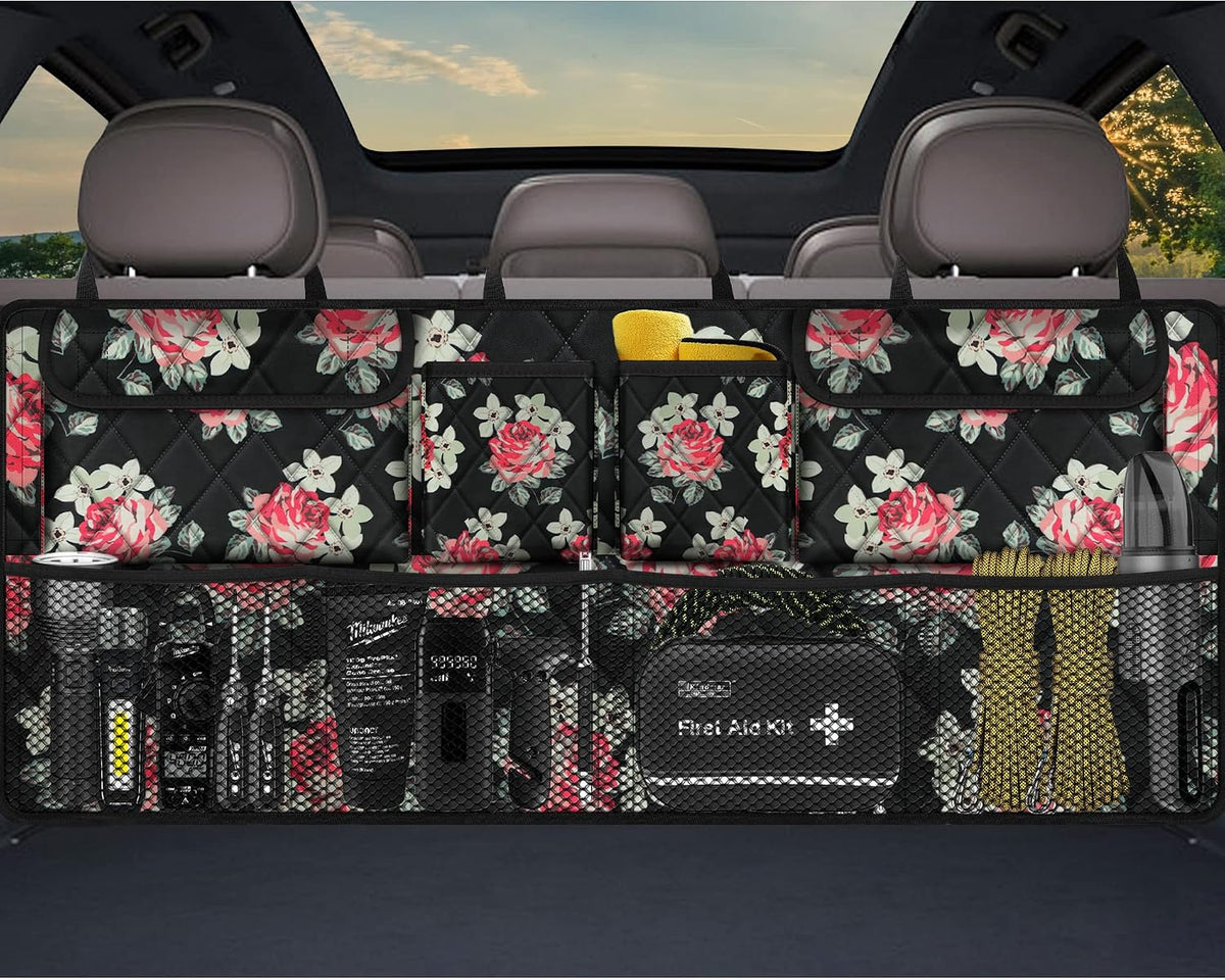 Femuar Car Trunk Organizer,Large Capacity Backseat Trunk Organizer(42"*18"),Collapsible Car Storage Bag with 8 Pocekt,Car Organizer for SUV/MPV/Truck - Floral