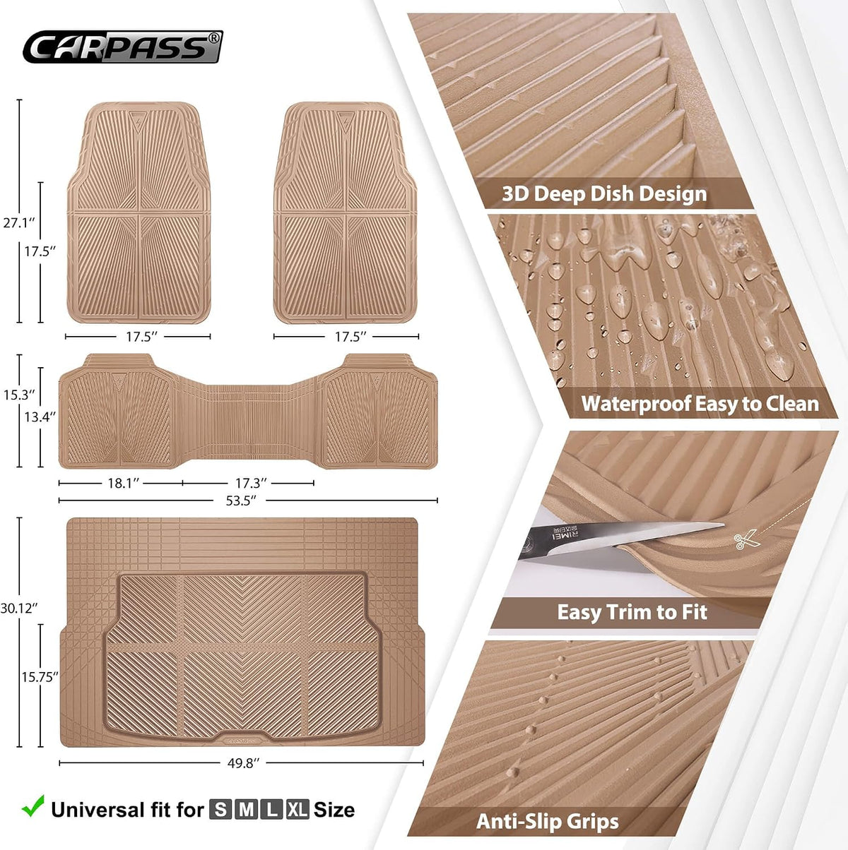 CAR PASS Beige Rubber Floor Mats&Cargo Liner,Waterproof Truck Mats Heavy Duty,All Weather Trim-to-Fit Automotive Mat for Car Truck SUV,Anti-Slip Easy Clean Durable,Full Set 5-Piece,3D Emboss All Beige