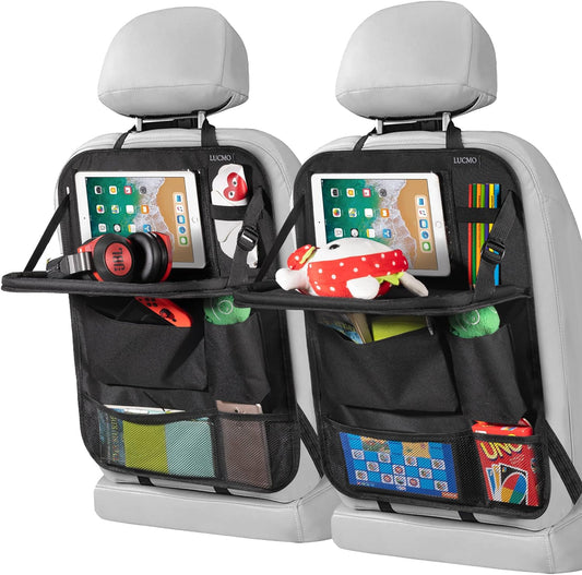 LUCMO Car Backseat Organizer with Foldable Tablet Holder, Black | 2 Pcs,6 Storage Pockets,Foldable Food Tray,Protectors Kick Mats,Travel Accessories,Seat Cover,Road Trip Essentials