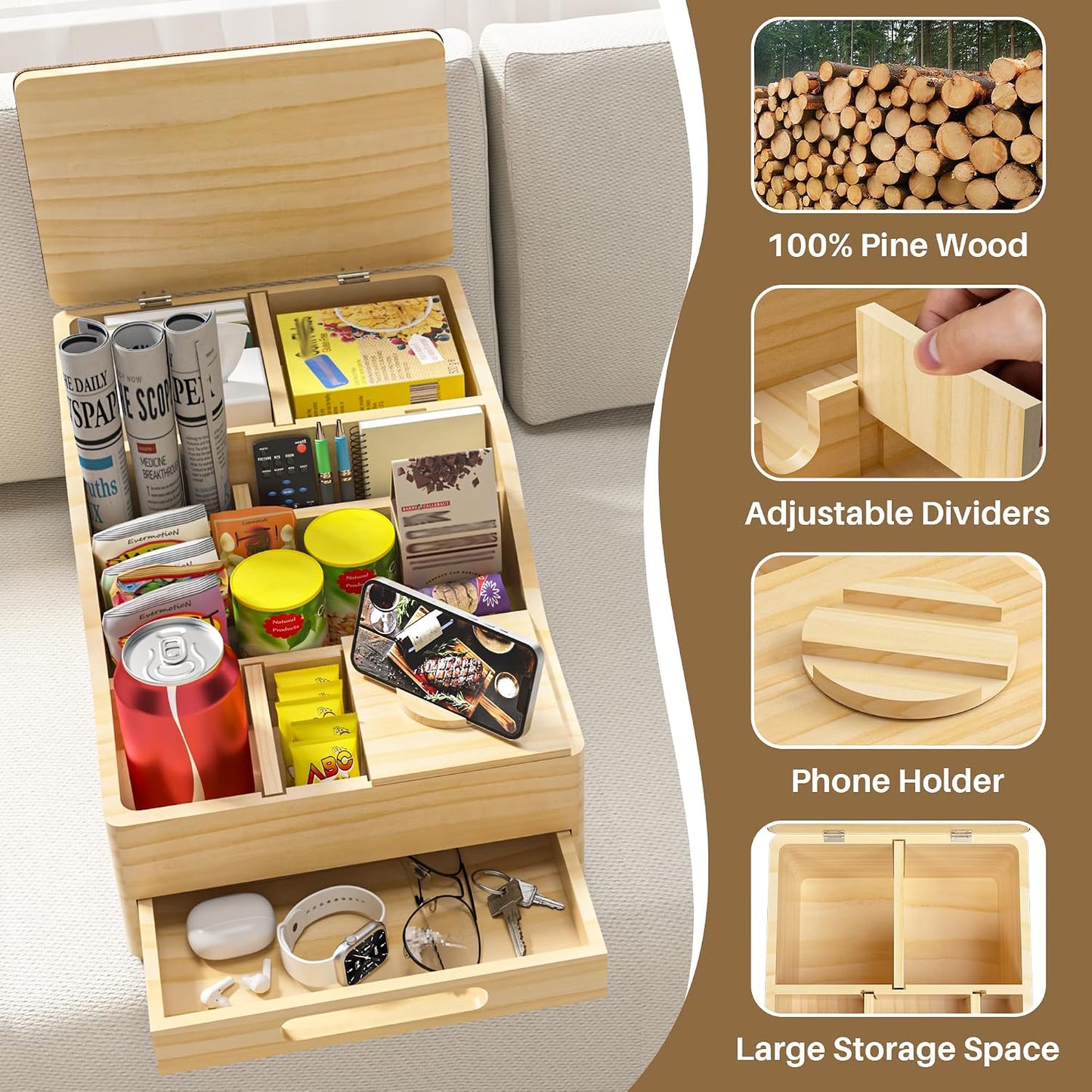 Couch Caddy with Cup Holders, Sofa Table with Flip Top Push-Pull Drawer | Multi-Use Sturdy Pine Wood Hold Hands Couch Cup Holder for Car, Living Room, Bedroom, Vanity