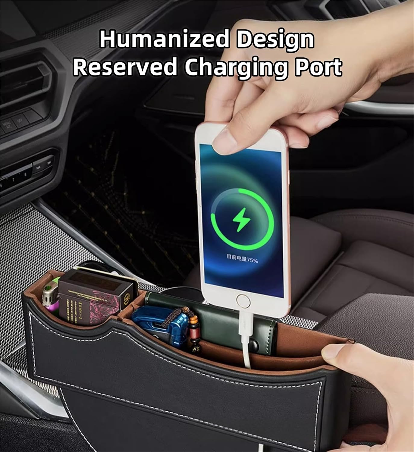 Car Seat Gap Organizer Large Capacity Leather Storage Box with Charging Port Multi-Purpose Car Seat Crevice Storage Solution for Phones Wallets Cards Ideal for Car Organization (Modern, Black-Double)