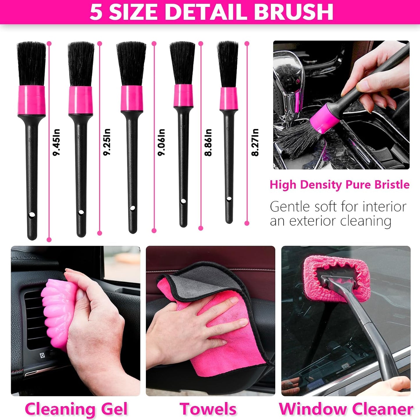 ThinkLearn Car Cleaning Kit, Car Corded Vacuum Detailing Kit Interior with High Power Handheld Vacuum, Including 7Pcs Detailing Brush Set, Windshield Cleaner, Pink Car Accessories for Women
