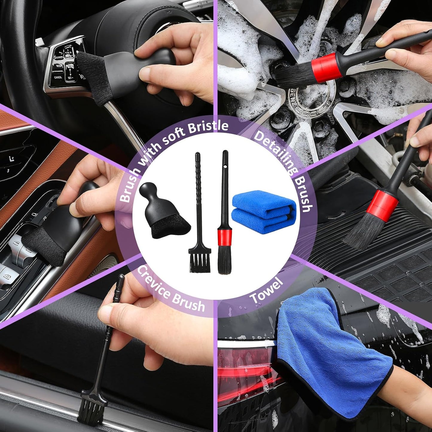 Qydipclin 10pcs Windshield Cleaning Tool Inside Car Window Cleaner Wash Kit with 4 Reusable Microfiber Pads 1 Spray Bottle and Extendable Handle Interior Auto Glass Wiper Kit, Purple