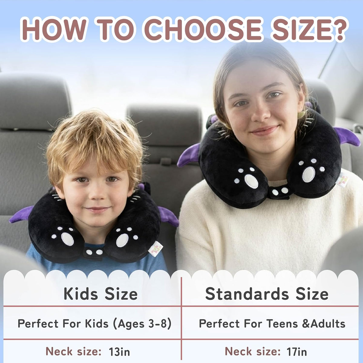 Niuniu Daddy Black Cat Kids Travel Neck Pillow (3-8 Y/O), Memory Foam Toddler Pillows for Head & Chin Support, Cute Sleeping Essentials for Car Seat, Airplane, Stroller and Long Road Trip