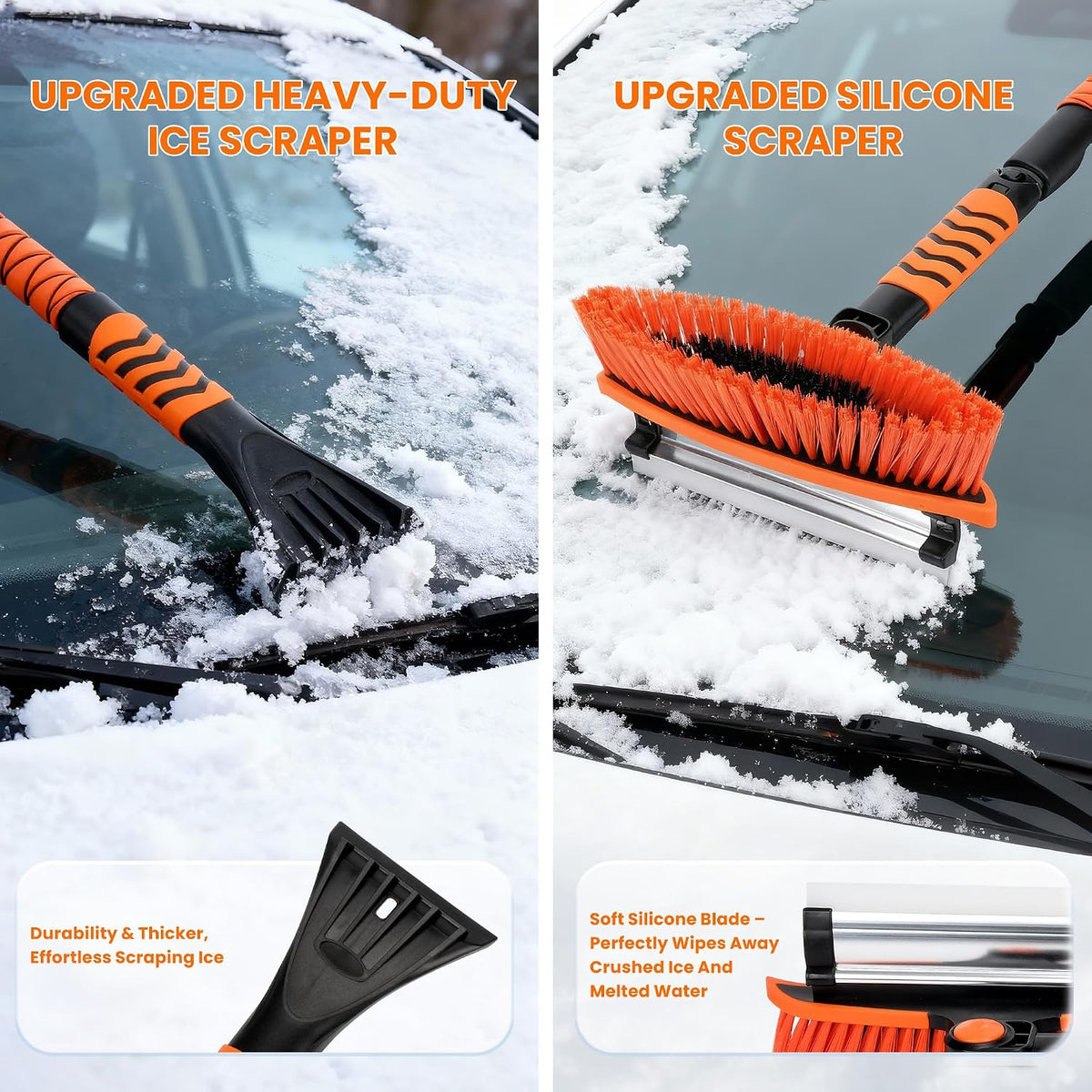 43" Ice Scraper for Car Windshield - 3-in-1 Extendable Snow Brush with 360° Pivot Head, Squeegee & Ergonomic Foam Grip for Christmas Car, SUV, Truck, Auto (Black/Orange)