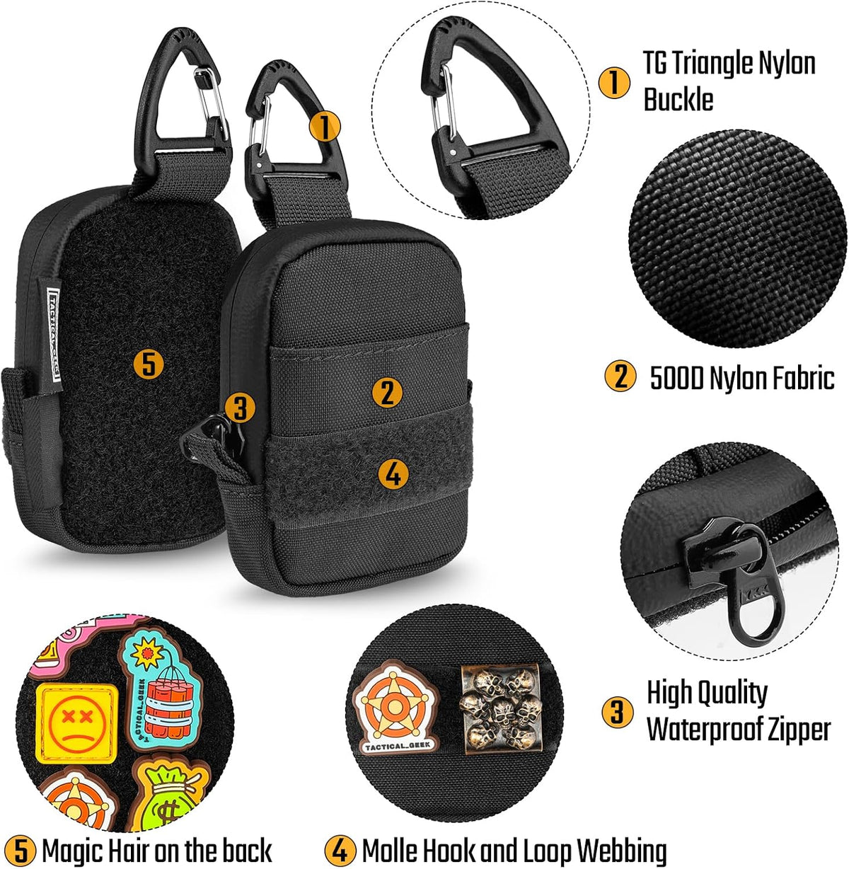 TACTICAL GEEK Storage A6 Mini Size EDC Utility Pouch, Mini Coin Purse with Custom Carabiner, EDC Mini Size Pocket Organizer, Wireless Headset Pack, Key Waist Case for Daily Carry Black