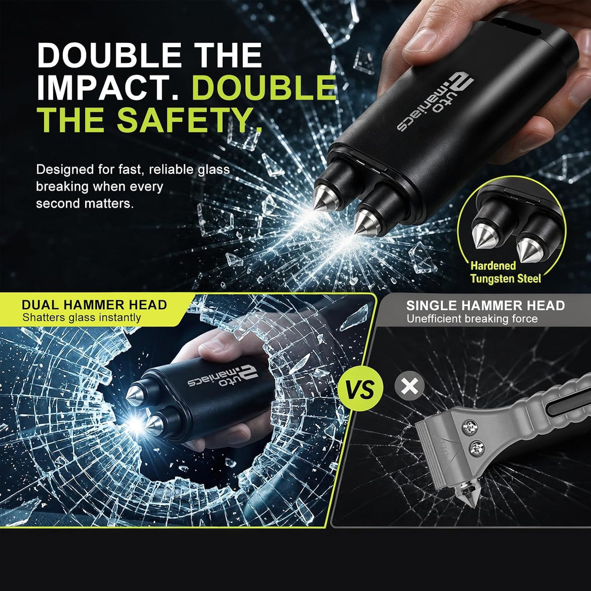 AutoManiacs 2-in-1 Window Breaker & Seatbelt Cutter, Dual Hammer Car Emergency Escape Tool with Magnetic Base, Effortless Glass Breaker Safety Hammer, Matte Metal Design