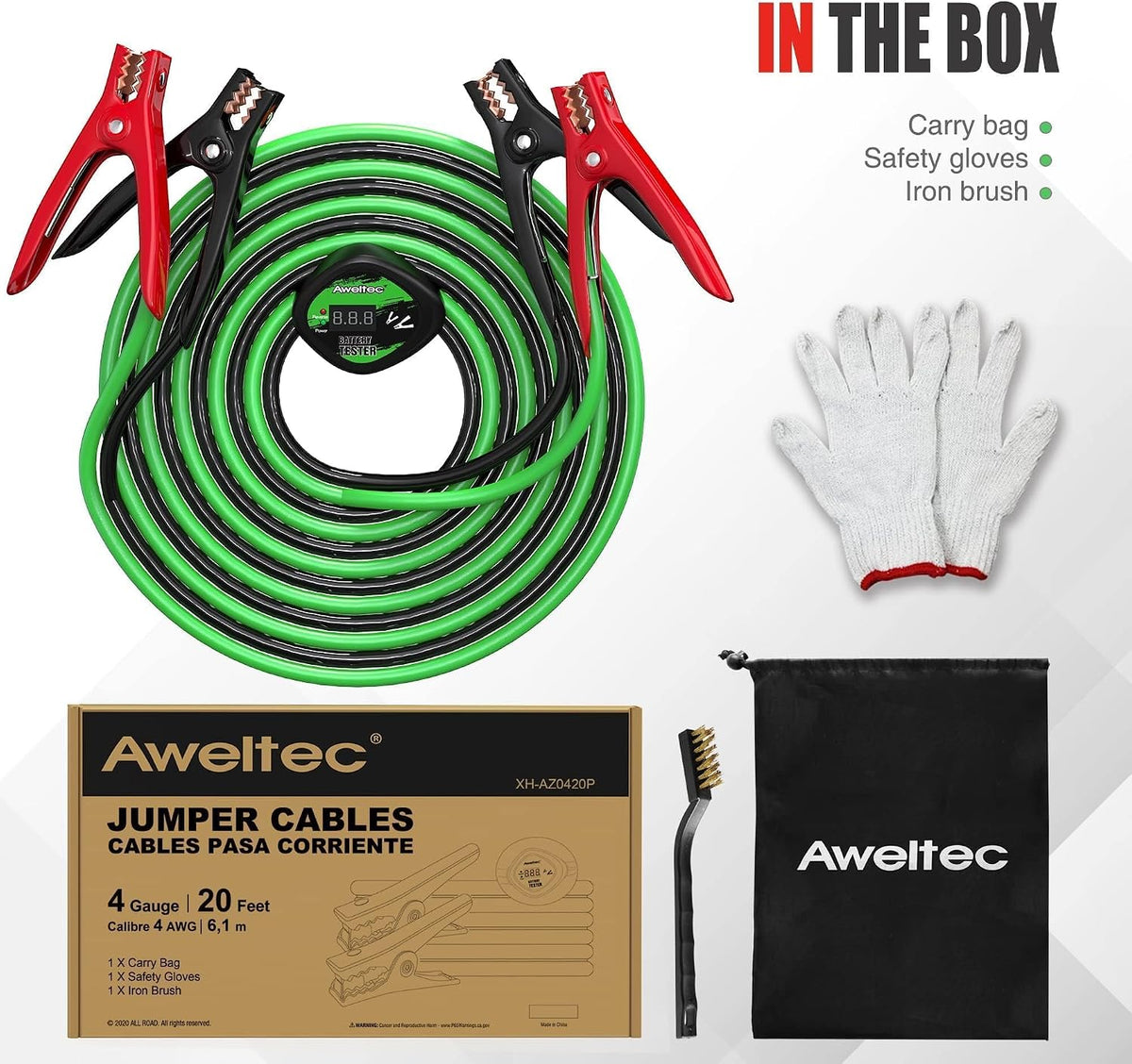 4 Gauge 20 Feet Jumper Cables with Voltage Display,For Cars Truck