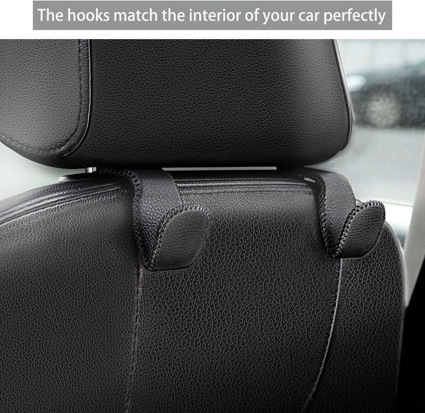 AMVOYOA Headrest Hooks for Car, Back Seat Organizer Gray Leather Hanger Holder Hook, for Hanging Purses and Bags and Coats, Pack of 2