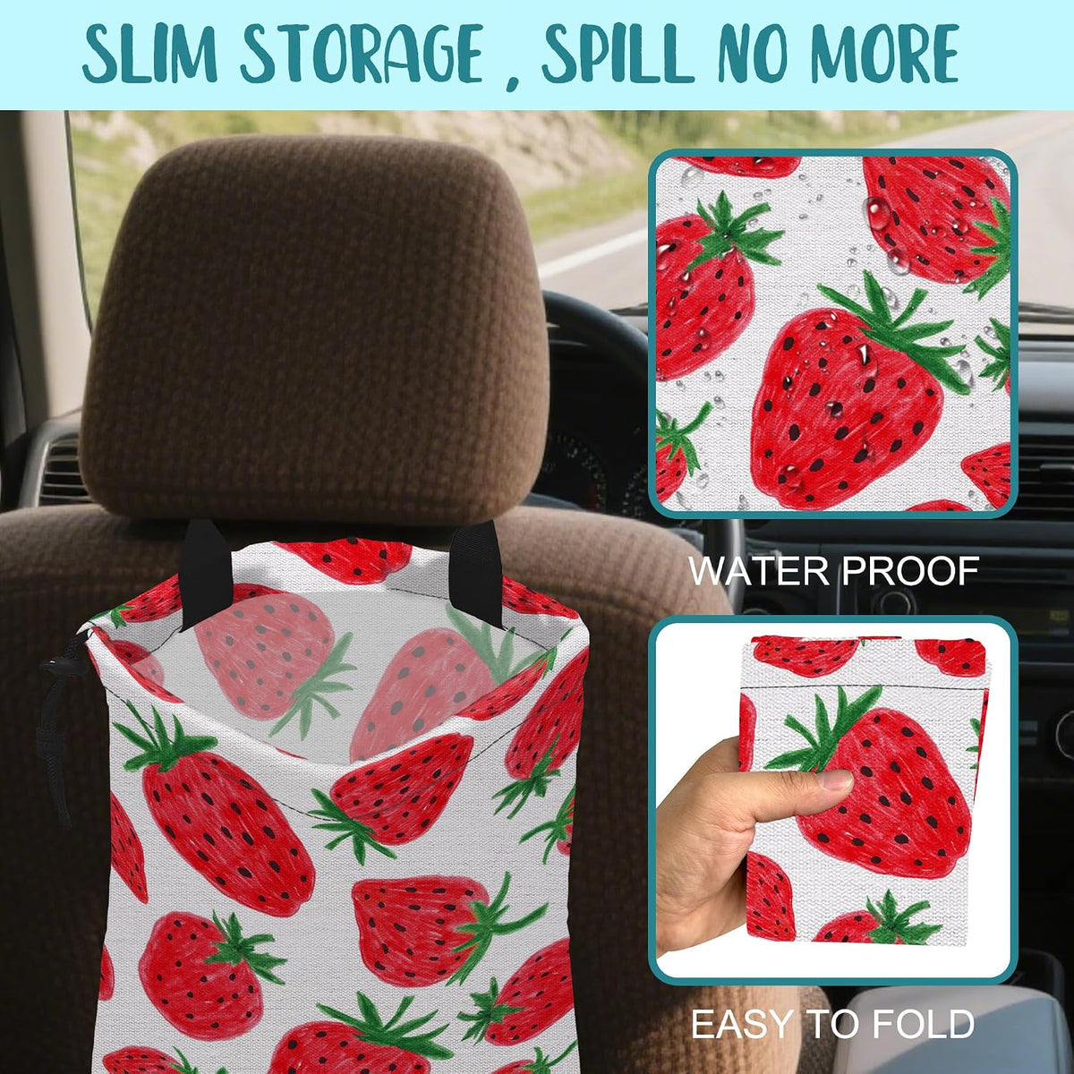 Car Garbage Bag Red Sweet Strawberry Drawstring Car Trash Bag Hanging for Back Seat with Adjustable Buckle Canvas Vehicle Trash Can Easy-to-Install